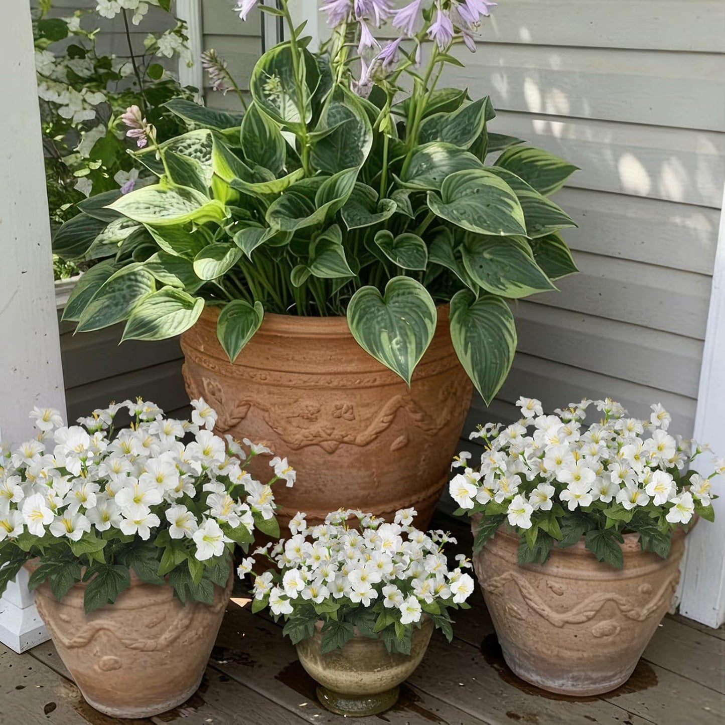 2 Pcs Artificial Flowers for Outdoors Fake Petunias Plants Outside Indoor White Silk Morning Glory UV Resistant Realistic Faux Tropical Flowers for Planter Porch Patio Yard Garden Window