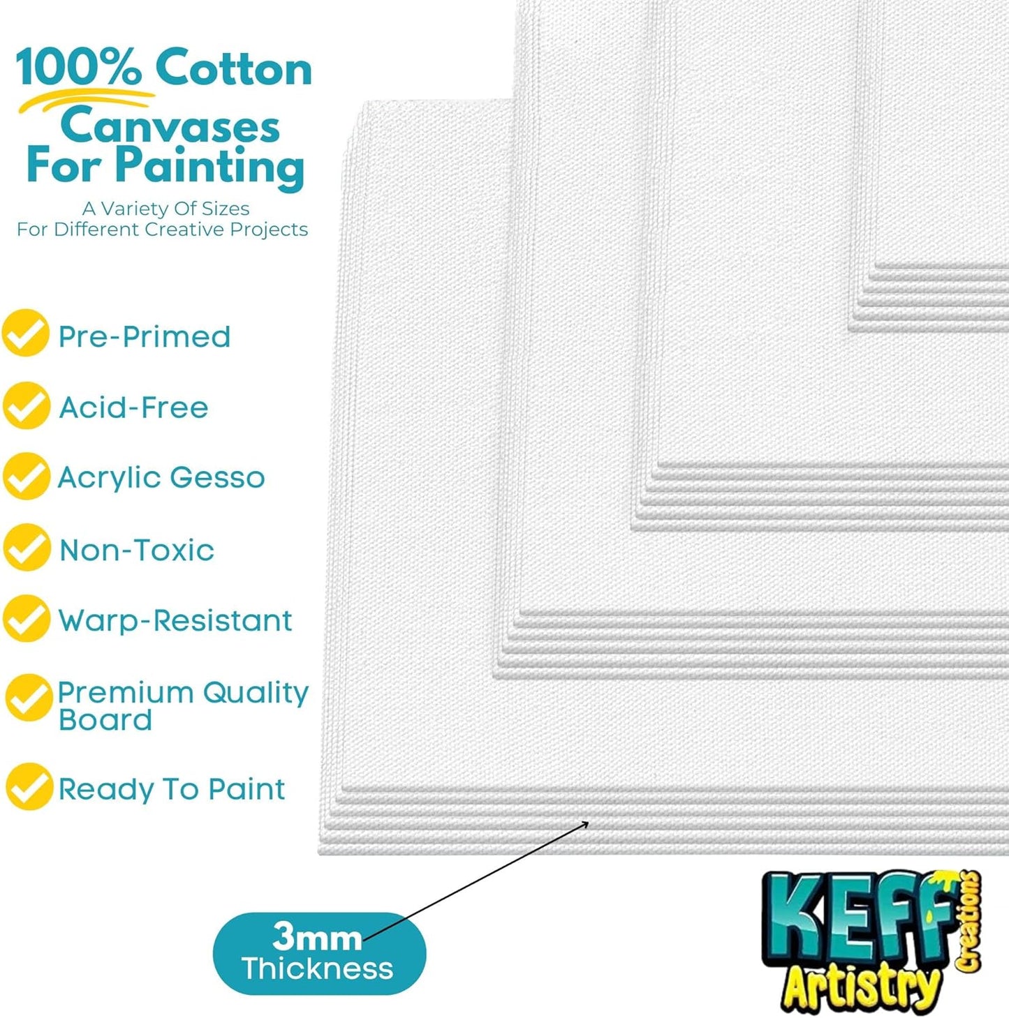 KEFF 24-Pack 𝗣𝗥𝗘𝗠𝗜𝗨𝗠 Canvas for Painting, 6 of 5x7, 8x10, 9x12,