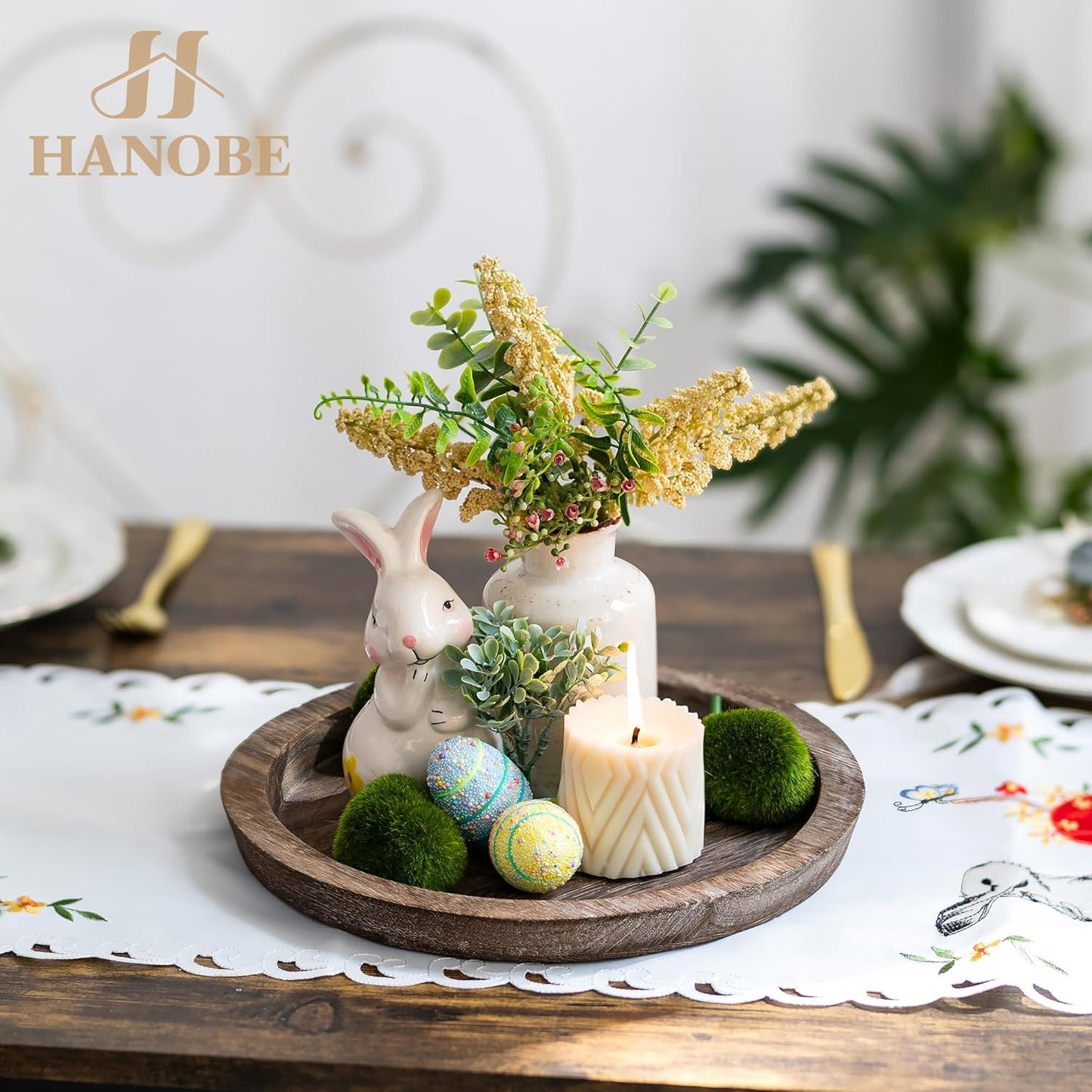 Hanobe Wooden Tray for Coffee Table: Candle Holder Plate Round Decorat