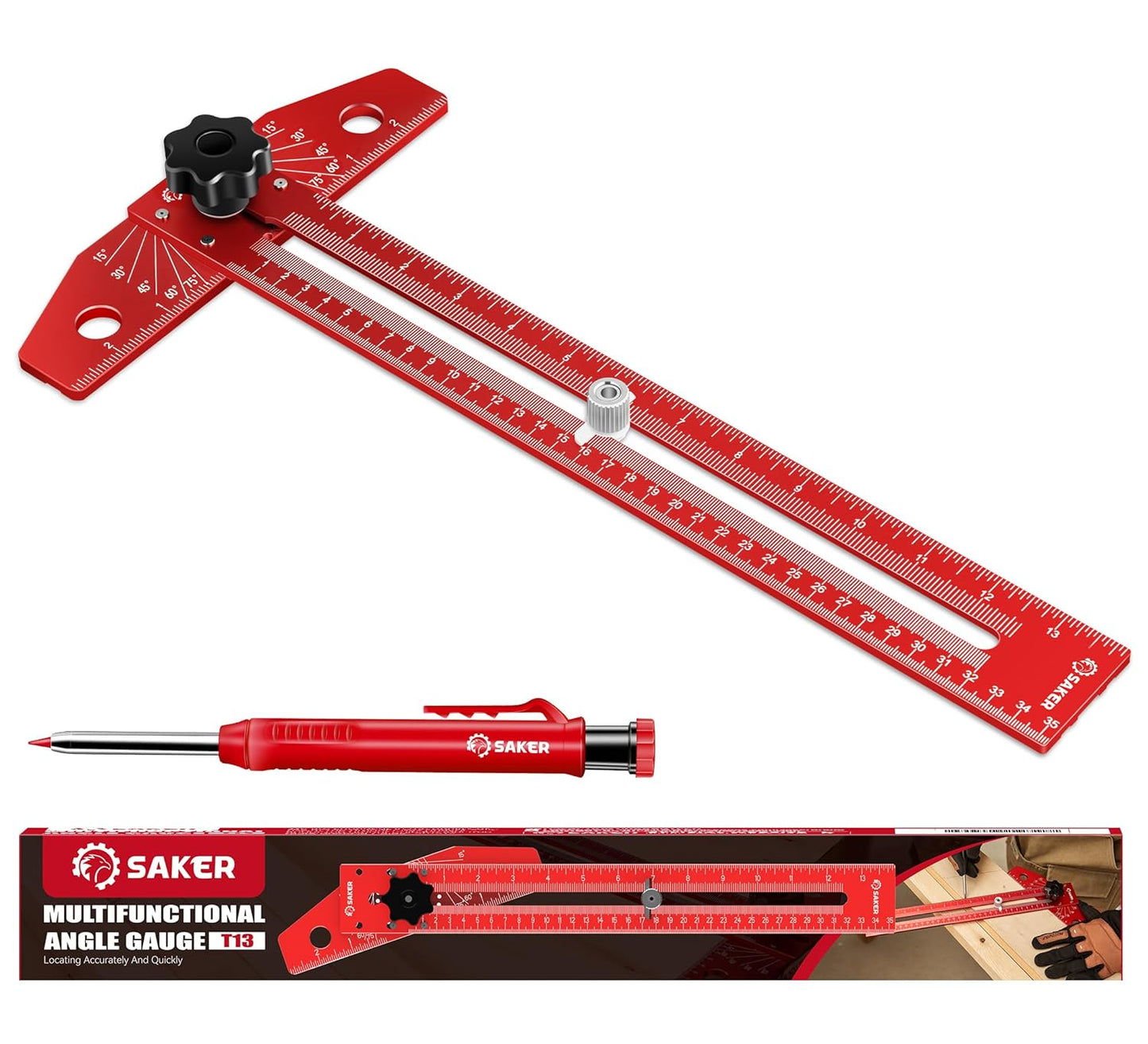 Saker Woodworking Scriber Marking Line Ruler, Adjustable Aluminum Allo