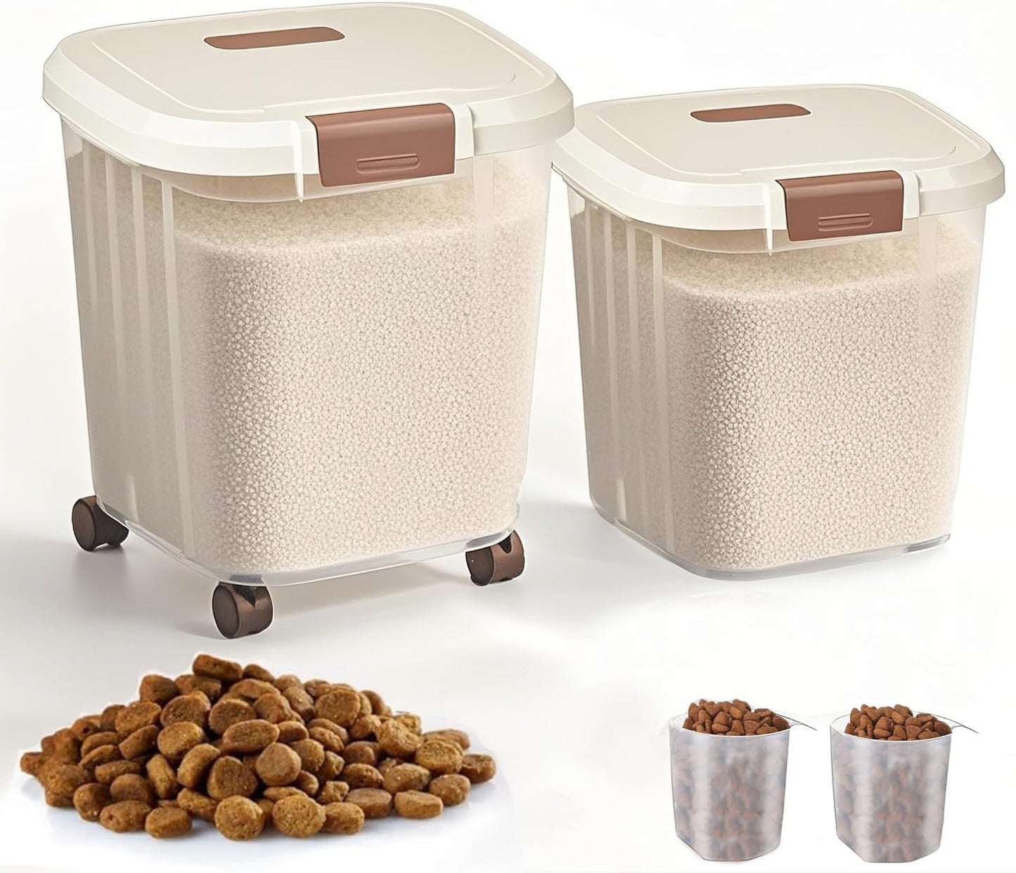 RUIAN 2PCS Airtight Food Storage Bin with Wheels BPA-Free, Lockable&Clear Pantry Organizer for Rice, Flour, Grains & Pet Food(22LBS and 55LBS)