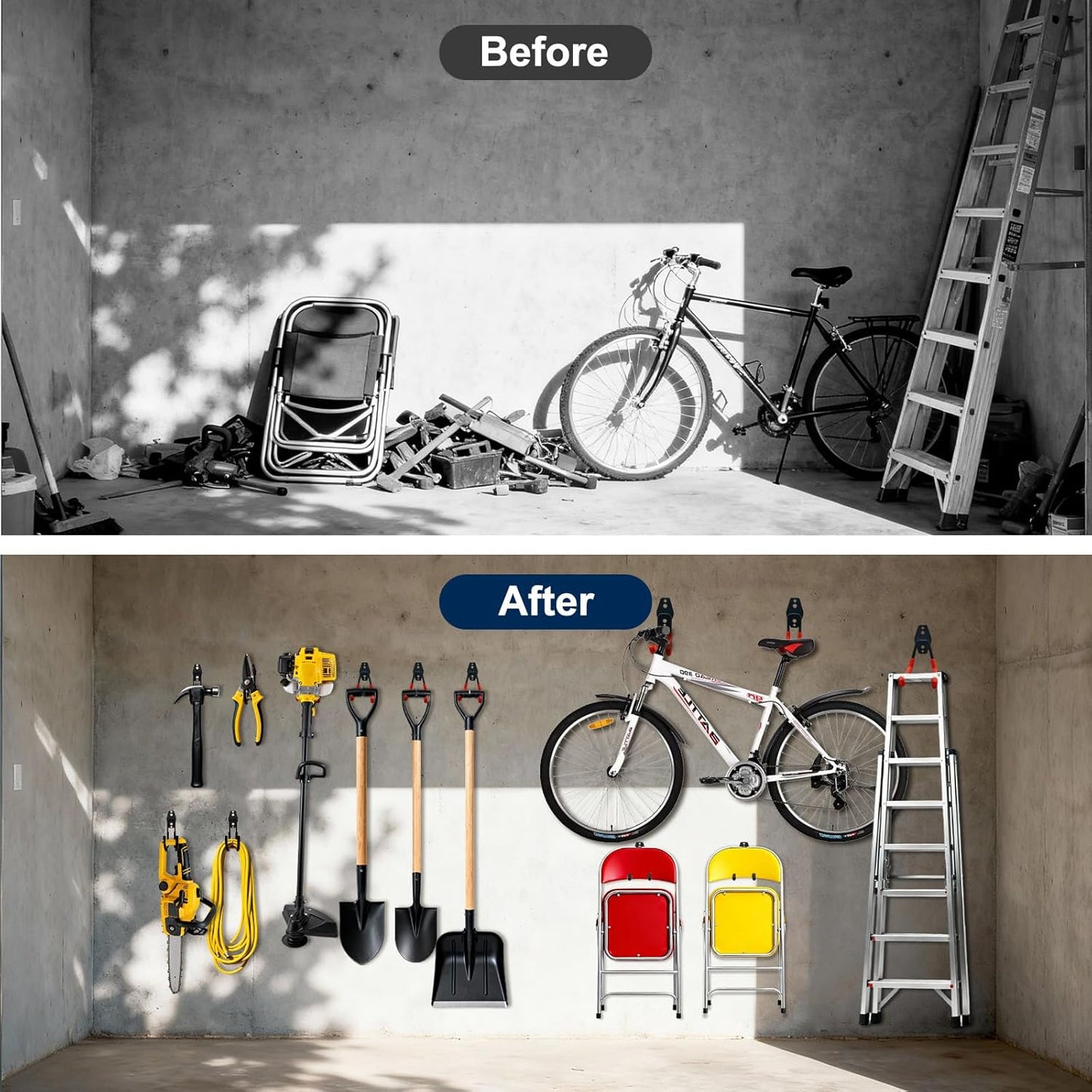 4 Pack Heavy Duty Garage Hooks with 2 Extension Cord Organizer Straps, 7.7 Inch Long Utility Hangers Wall Mount for Ladder, Bikes, Garden Tools, Hose, Ski Storage, Maximize Vertical Space