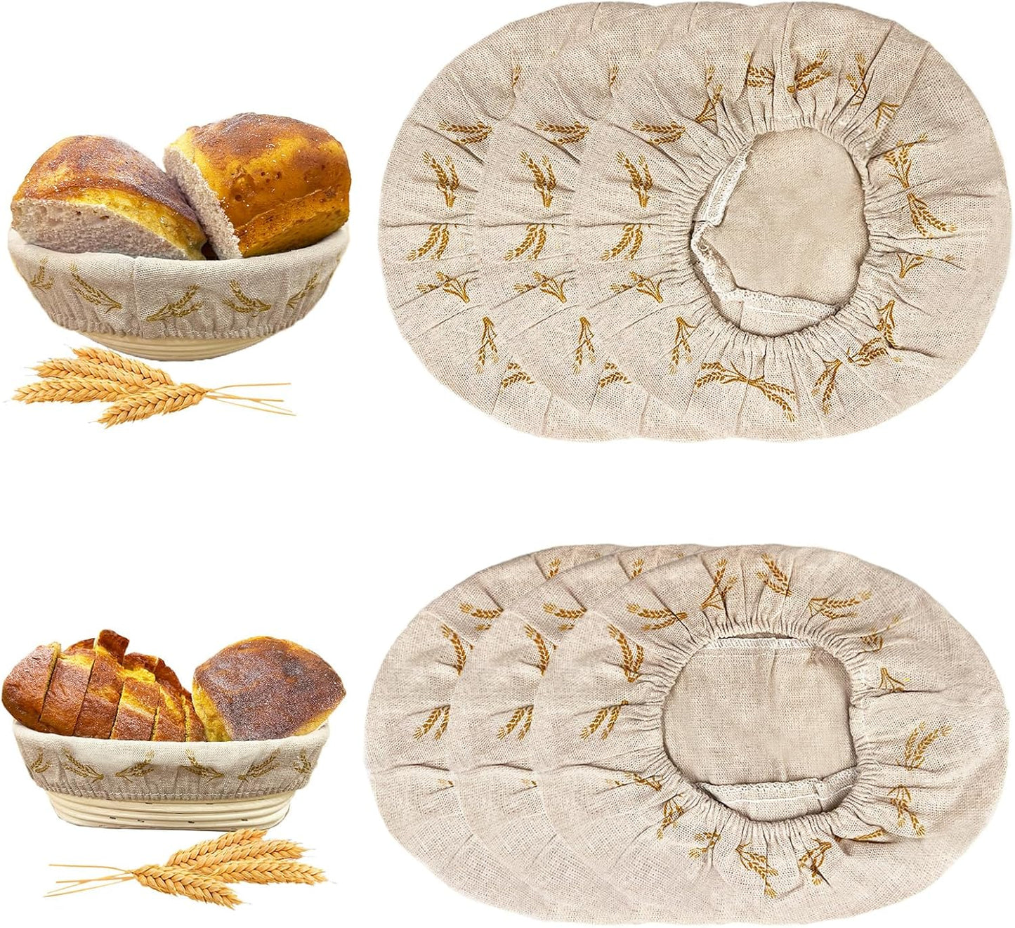 SNAIL GARDEN Bread Proofing Basket Cloth Liner - 3 Oval (10") & 3 Round (9"), Wheat Pattern Reusable Banneton Basket Liners, Linen Cotton Proofing Basket Covers for Bread Making