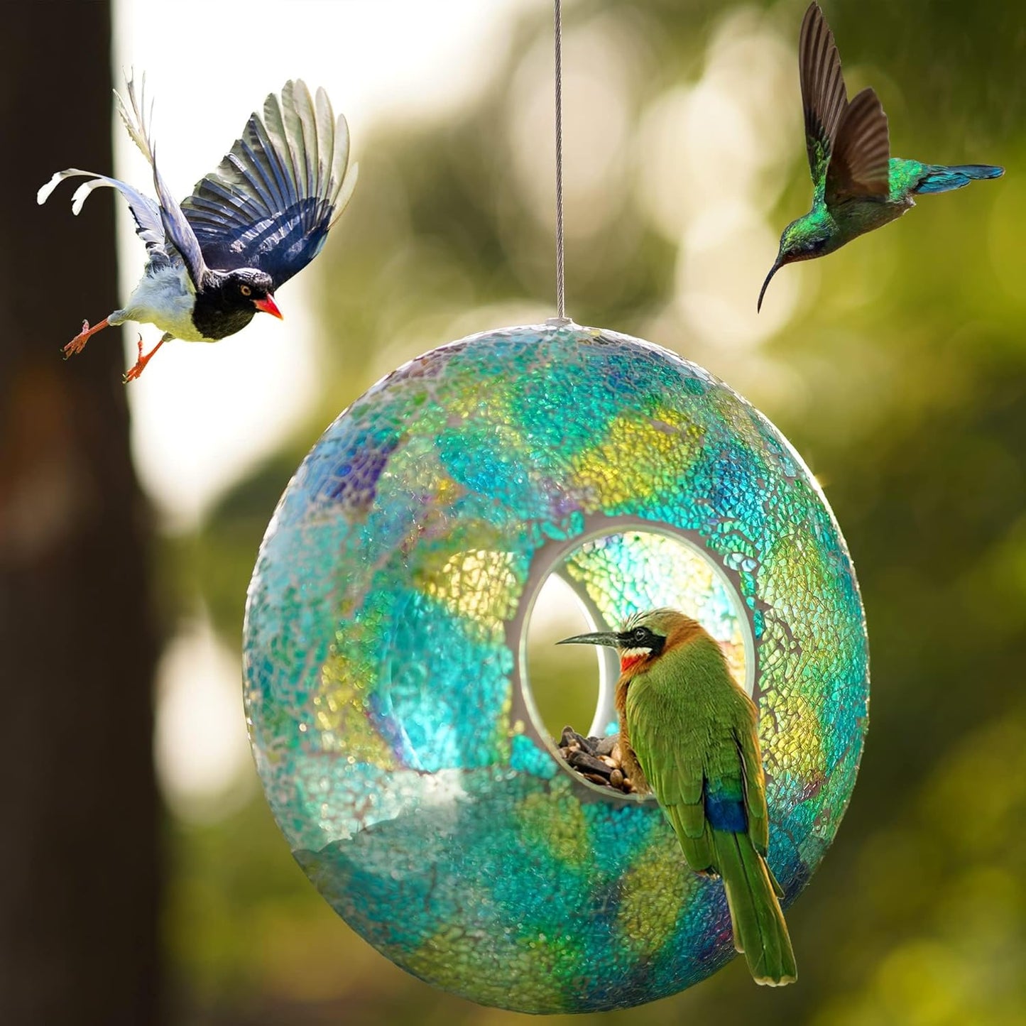 Topadorn Outdoor Bird Feeder - Decorative Mosaic Circle Fly Through Design for Birds