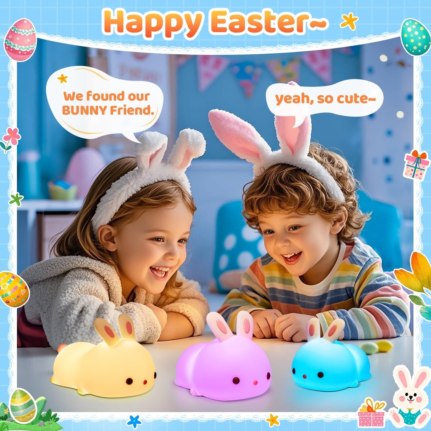 OneFire Easter Bunny Gifts for Kids, 16 Colors Night Light for Kids Cute Lamp, Soft Silicone Baby Night Light, 1200mAh Portable Dimmable Bunnies Touch Lamps, Easter Gifts Bunny Toys Kawaii Room Decor