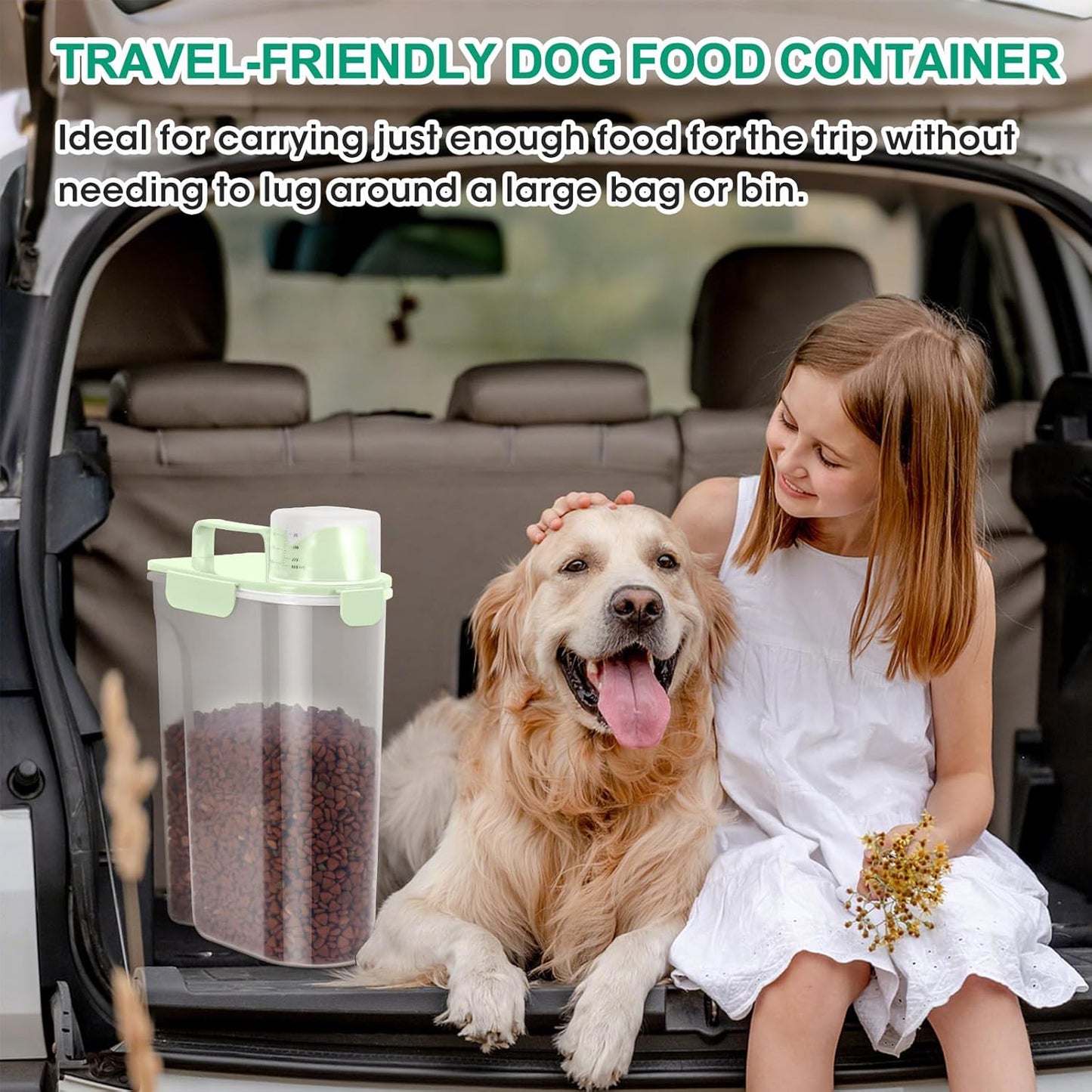 TBMax Travel Dog Food Storage Container 5 lbs with Dog Bowl, Airtight Pet Cat Food Storage Dispenser with Large Spout & Measuring Cup for Kibble Dog Treat Bird Seed Container -Light Green