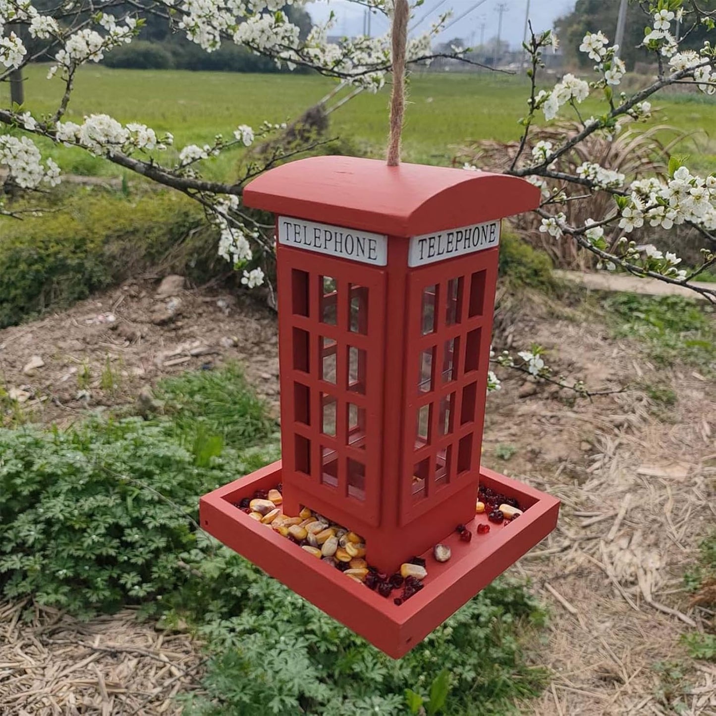Bird Feeder - Red Telephone Box Shape, Wooden Spill-Resistant Birdfeeder Hangable Red Phone Booth Bird Feeder for Outdoor Garden Backyard Balcony Porch Yard Weatherproof for Wild Birds