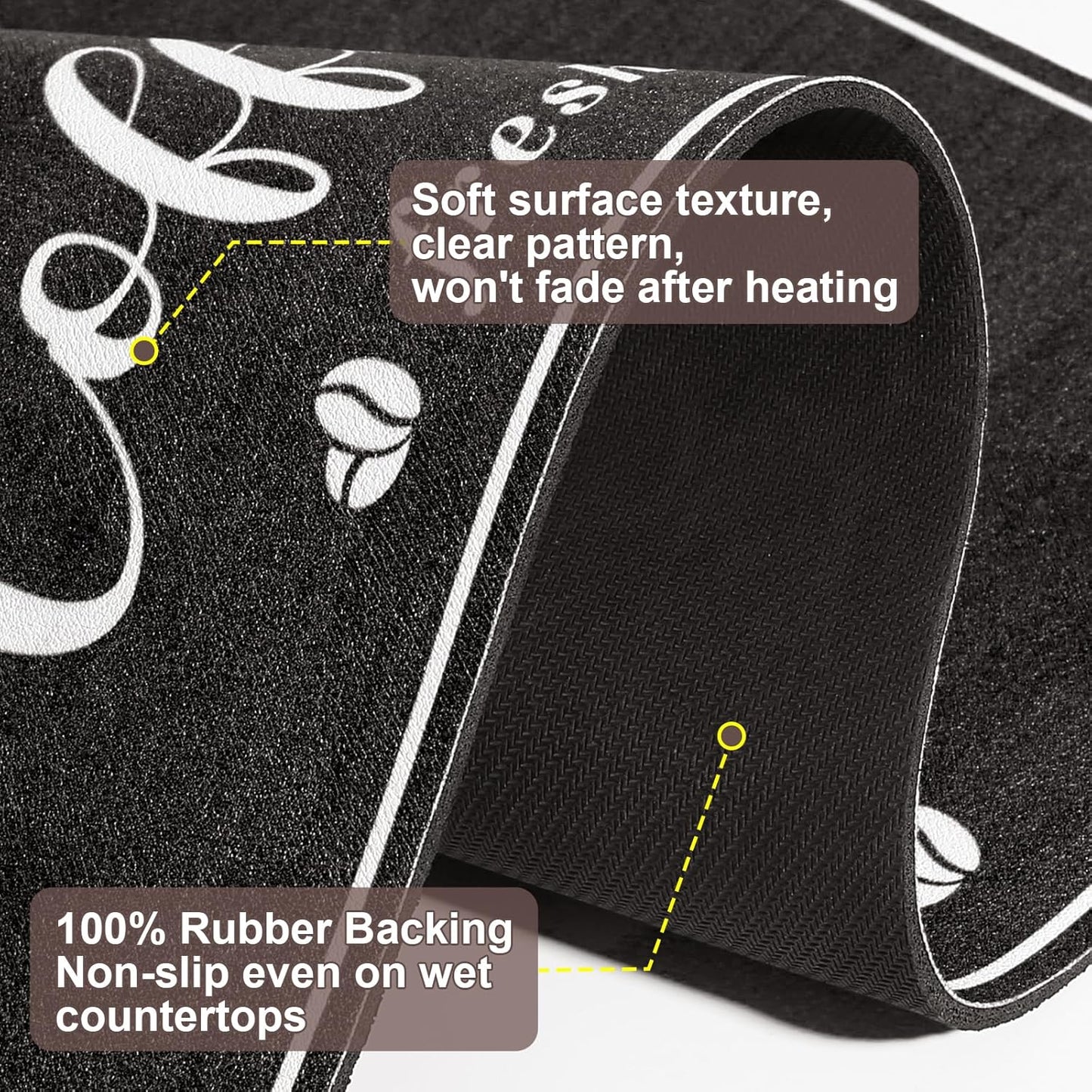 Absorbent Coffee Mat, Fashion Dish Drying Mat for Kitchen Counter Coffee Bar Accessories Espresso Machine Dish Rack 12" x 20" Black