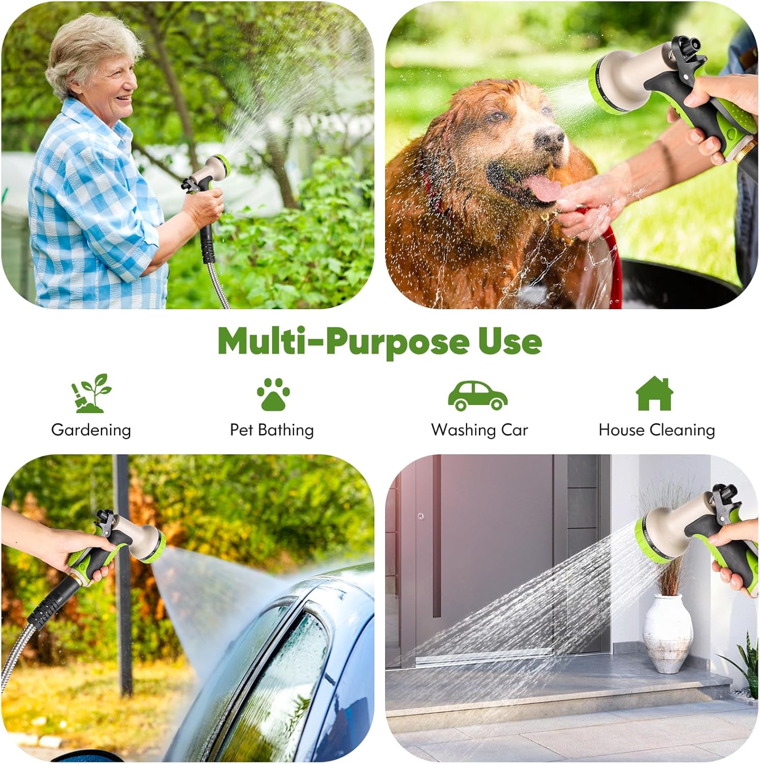 Garden Hose 50ft, Stainless Steel Water Hose with 10 Function Nozzle F
