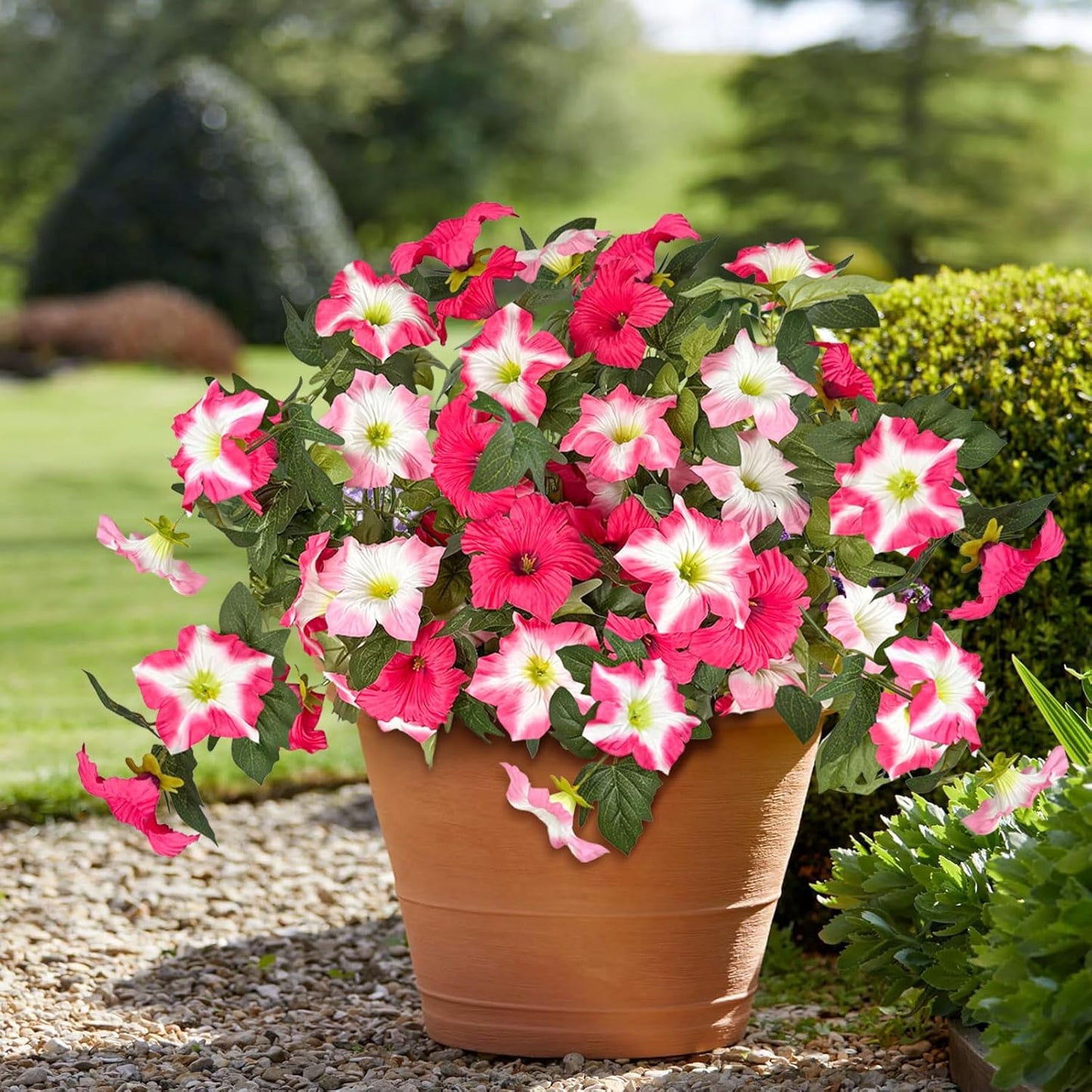 ICX 2PCS Faux Petunias Silk Flower UV Resistant, Artificial Outdoor Flowers, Realistic Artificial Flowers for Outdoors, Pot, Front Door, Porch, Yard, Patio, Window Box, Hanging Basket (Rosy Red