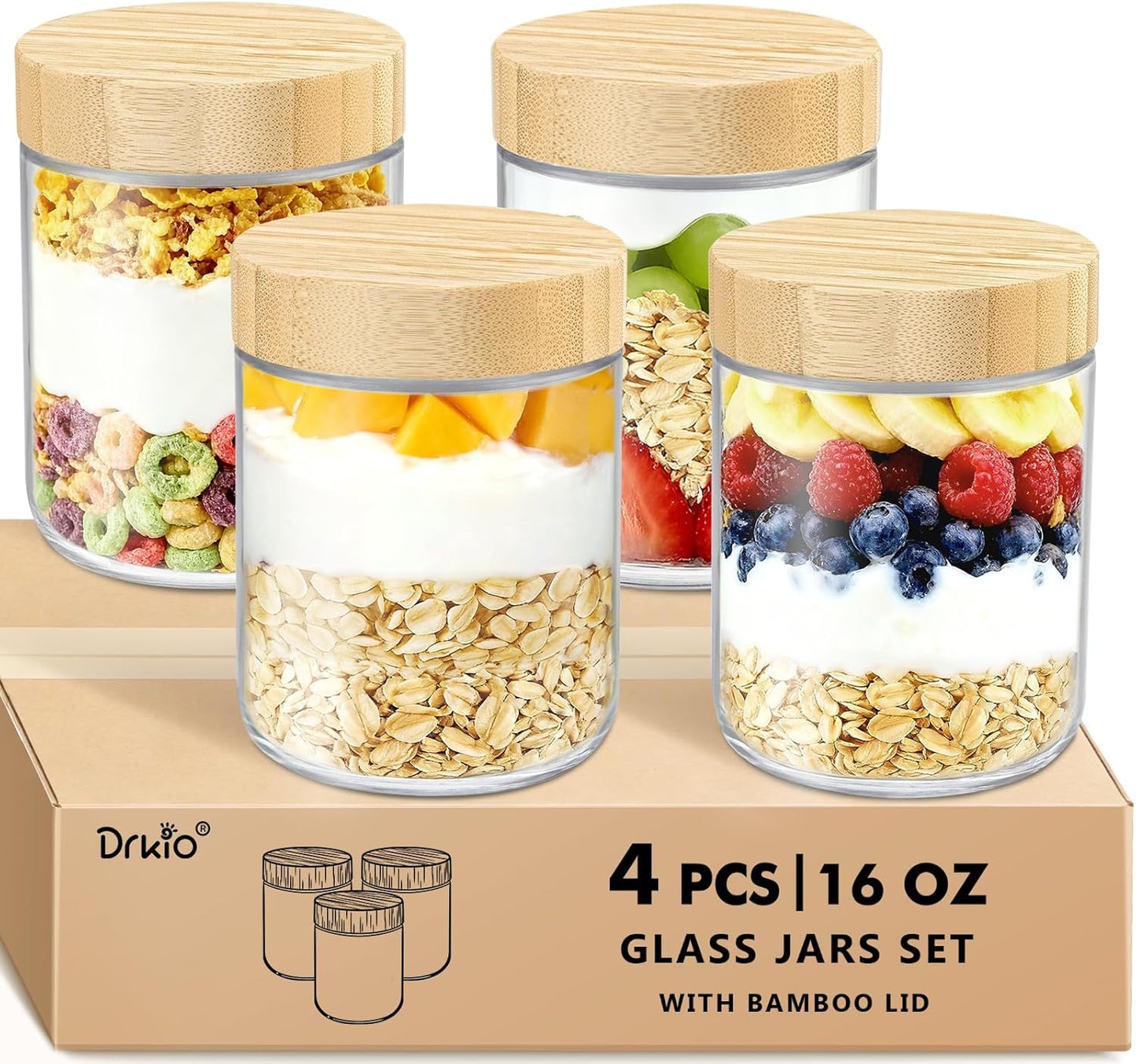 DRKIO 16 Oz Overnight Oats Containers with Bamboo Lids - 4 Pack Glass 