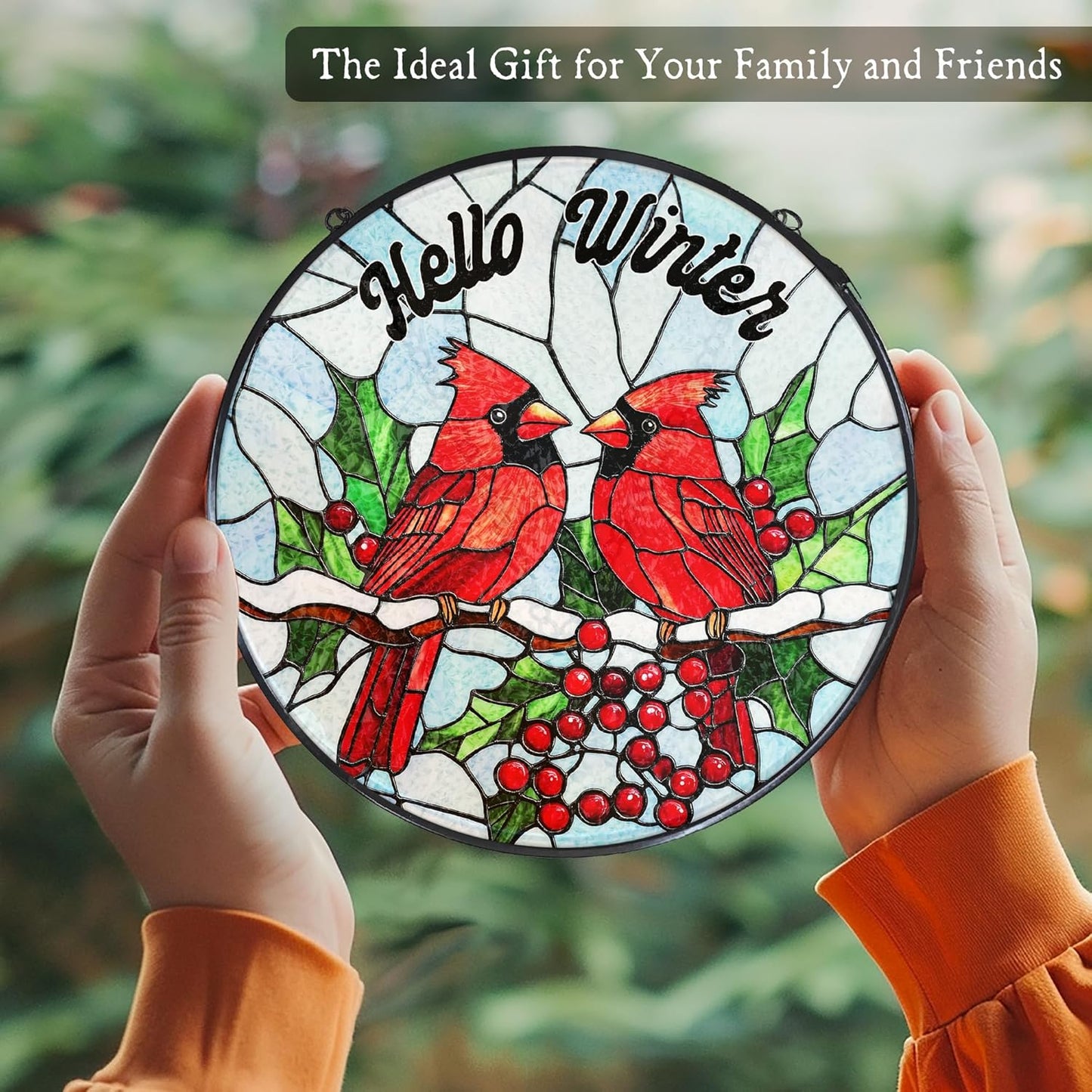 Cardinal Stained Glass Window Hanging Suncatcher, Hello Winter Christmas Bird Sun Catcher Indoor Window Decor, Cardinal Christmas Painted Glass Round Wall Hanging Decorations, 7.8x7.8 in
