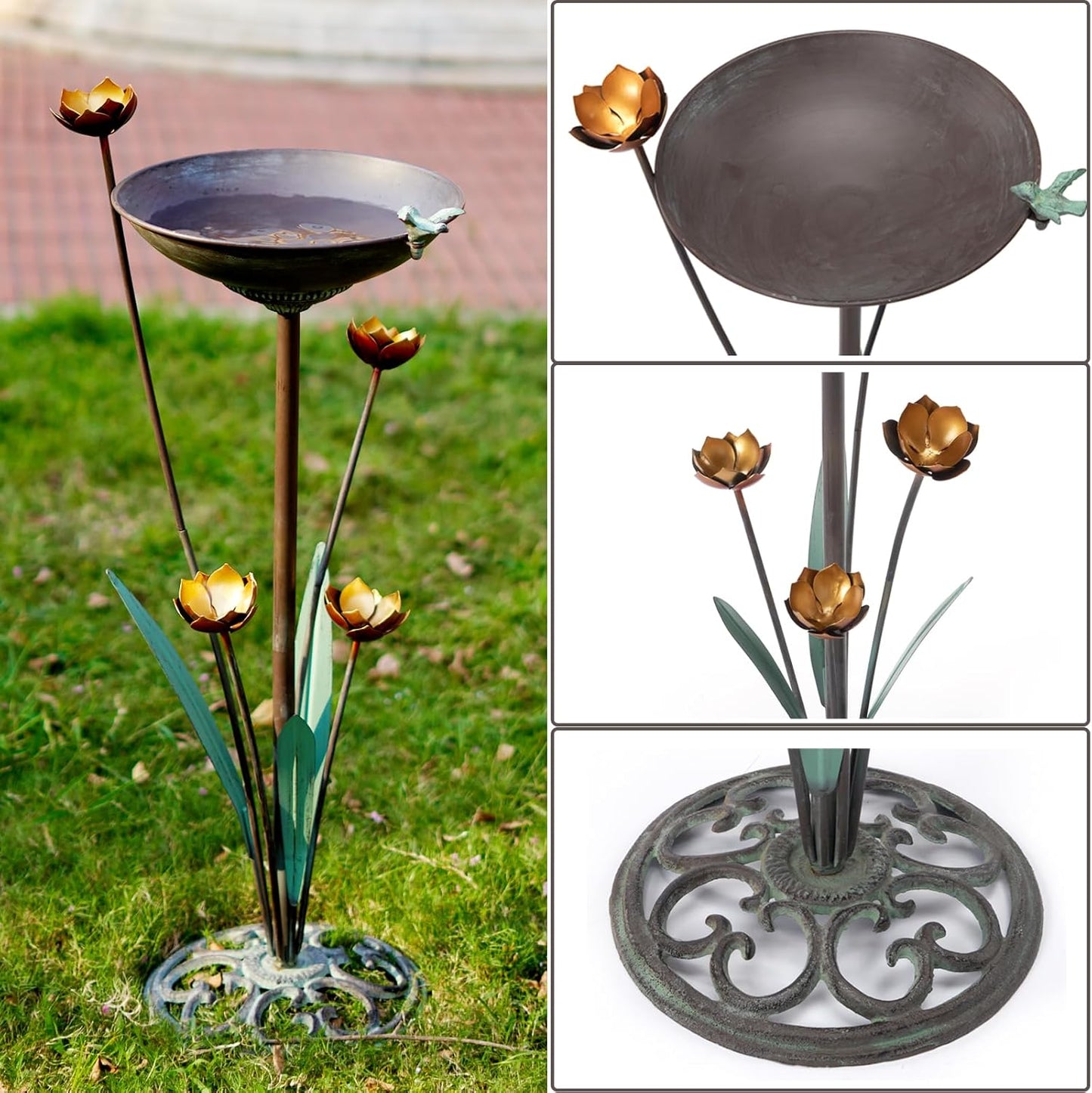 Diam 11.4" W x 32.3" H Cast Iron Pedestal Bird Bath, Bird Baths for Outdoors,Vintage Metal Bird Bath Garden Yard Decoration