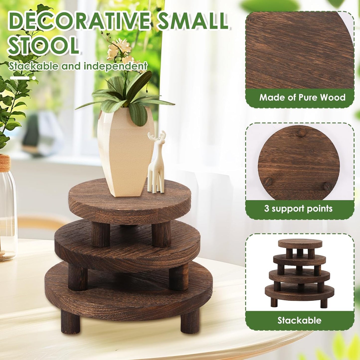4 Pcs Wooden Risers for Decor, Mini Pedestal Plants Stool Display Stand, Tiered Tray Round Risers Decor, Flower Pot Pedestal Holder for Home Kitchen Cake Dessert Display