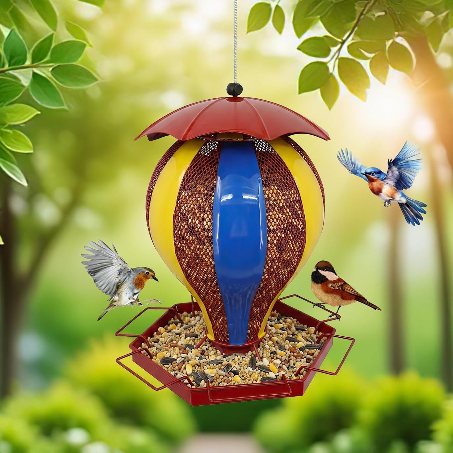 Metal Roof Bird Feeder - Chew Proof for Outdoor Hanging Wild Bird Seeds. red, Appearance of The hot air Balloon，Outside Wild Watching for Garden, Yard, Elderly Kids Viewing.