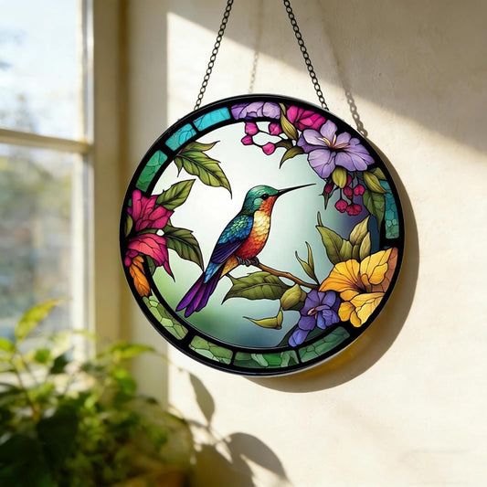 Hummingbird with Flower 2D 8inch Acrylic Window Hangings, Bird Suncatc
