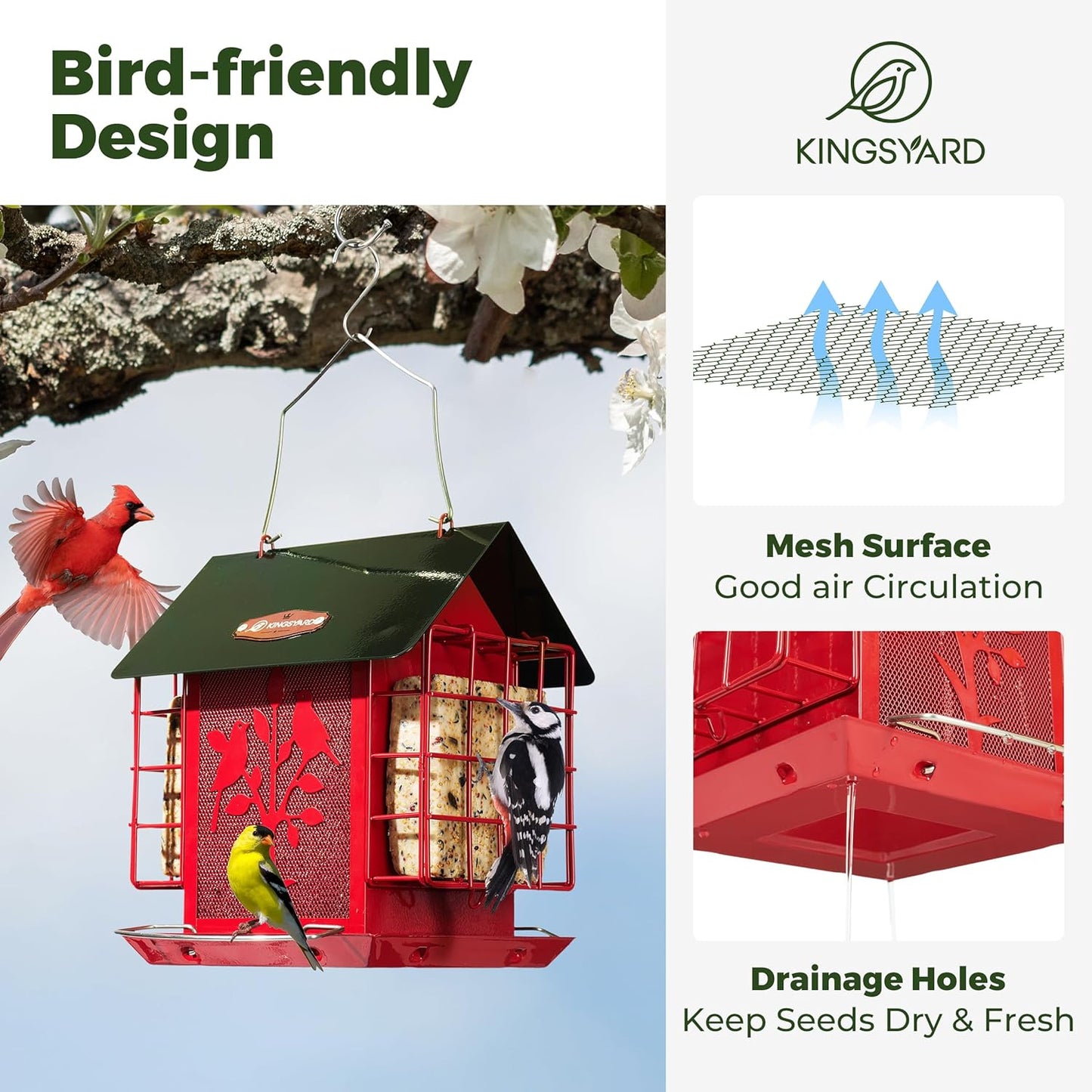 Kingsyard Metal Bird Feeder for Outdoor Hanging, Wild Bird Feeder with Double Suet Cage, Weatherproof Roof and 3 lbs Large Seed Capacity, Red
