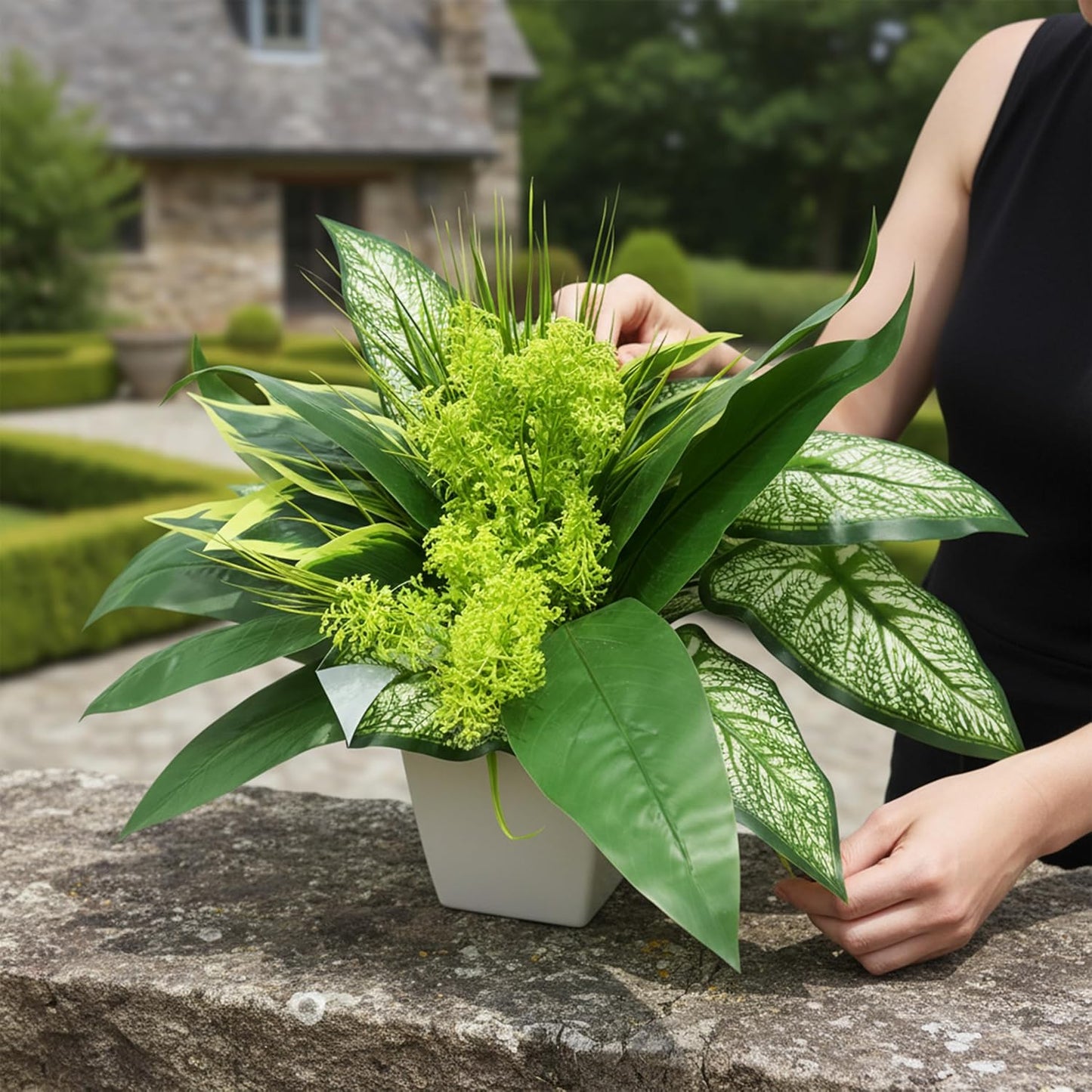 Artificial Plants, Green Foliage Arrangement with Planter Pot, UV Resistant Plastic, 15x11x4 Inches, Outdoor Patio Decoration