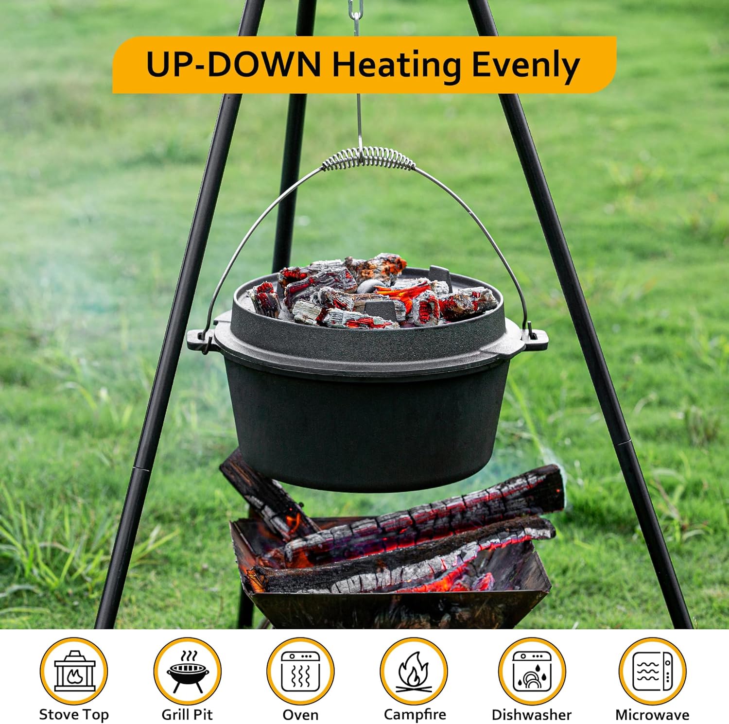 Velaze 10QT Camping Dutch Oven, Pre-Seasoned Cast Iron Camp Dutch Oven