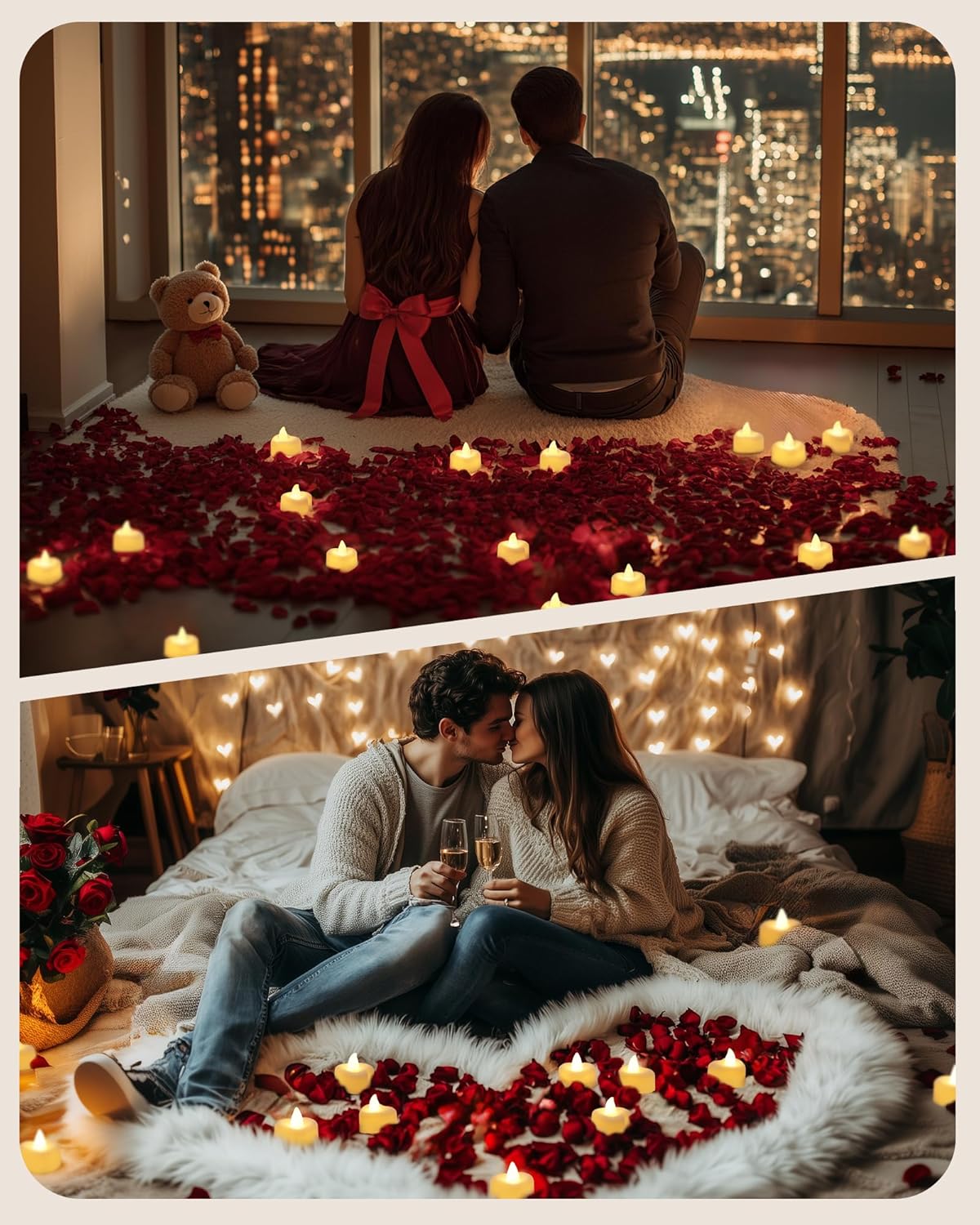 Amagic 1000 Pieces Artificial Rose Petals with 12 Heart LED Tea Lights Candles Kit, Rose Petals and Candles Set for Proposal, Anniversary, Valentine's Day, Special Romantic Night, Wedding Table Decor