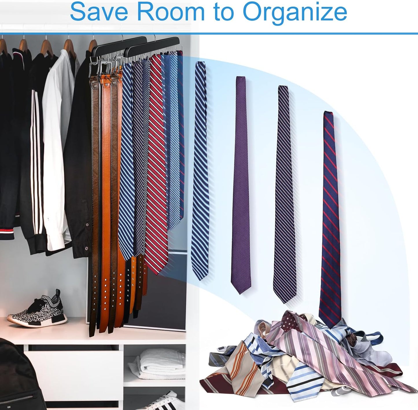 Belt Hanger for Closet Max 42 Belts, Sturdy Wood Belt Rack Closet Accessories with 14 Hooks Belt Organizer for Closet Organizers and Storage -Black 1 Pack