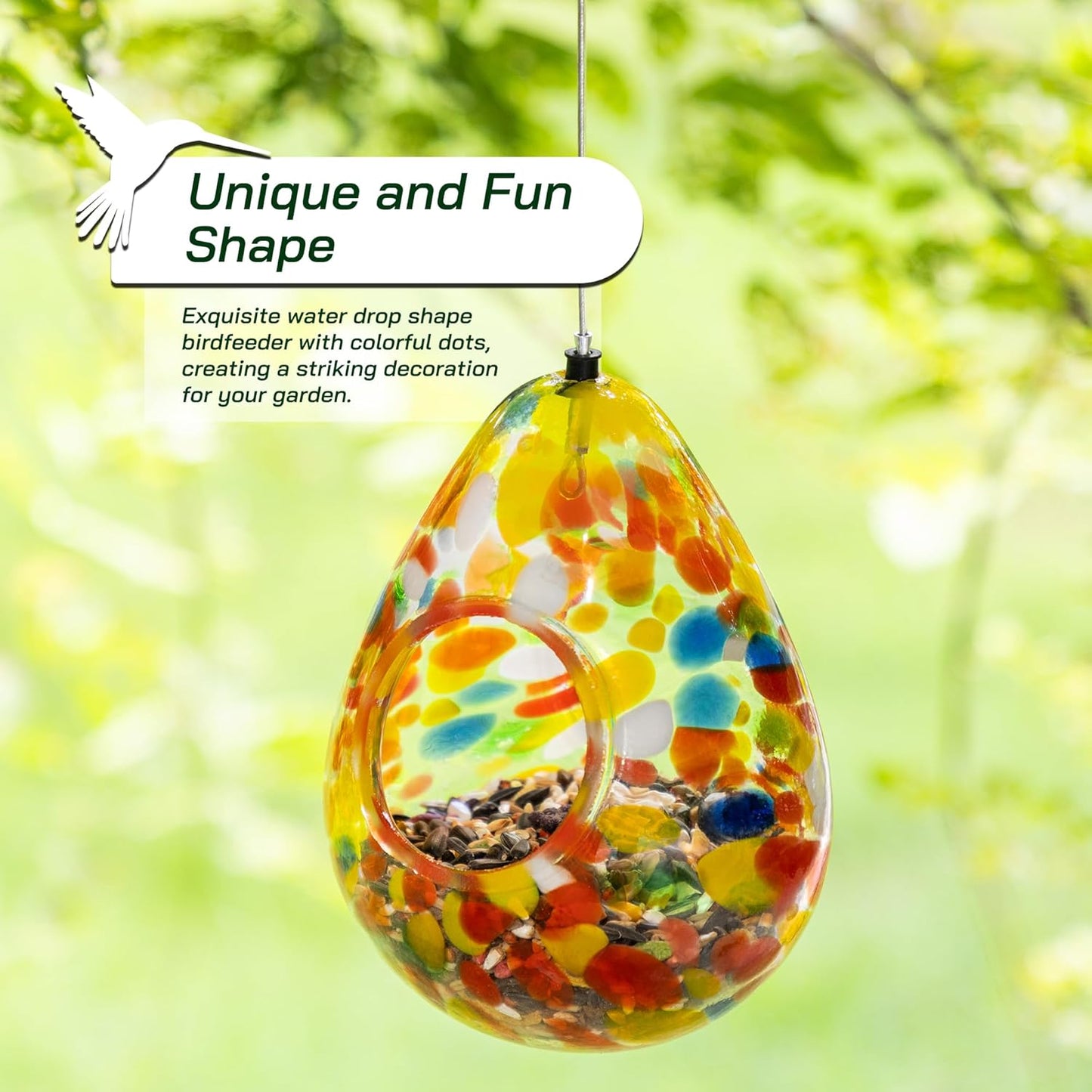 Glitzhome 6.75''H Hanging Glass Birdfeeder,Water Drop Fly Through Wild Bird Feeders for Outdoors,Orange Dots Glass Bird Feeders for Garden, Yard, Backyard, Deck and Porch Decor