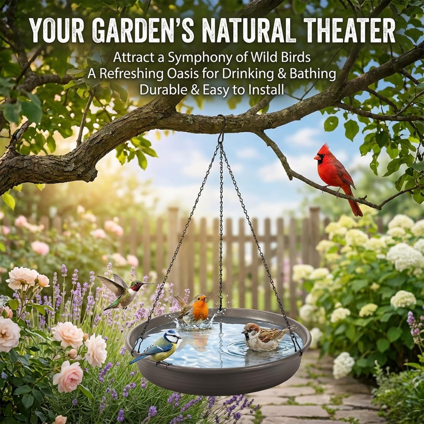Hanging Bird Bath Bird Feeder - Bird Bath for Outside Outdoors Hanging with Tray Bowl Water Feeder, Garden Bird Bath 2-in-1 Bird Feeder Bath, Durable PP Bird Bath Bowl for Garden Patio Backyard Decor