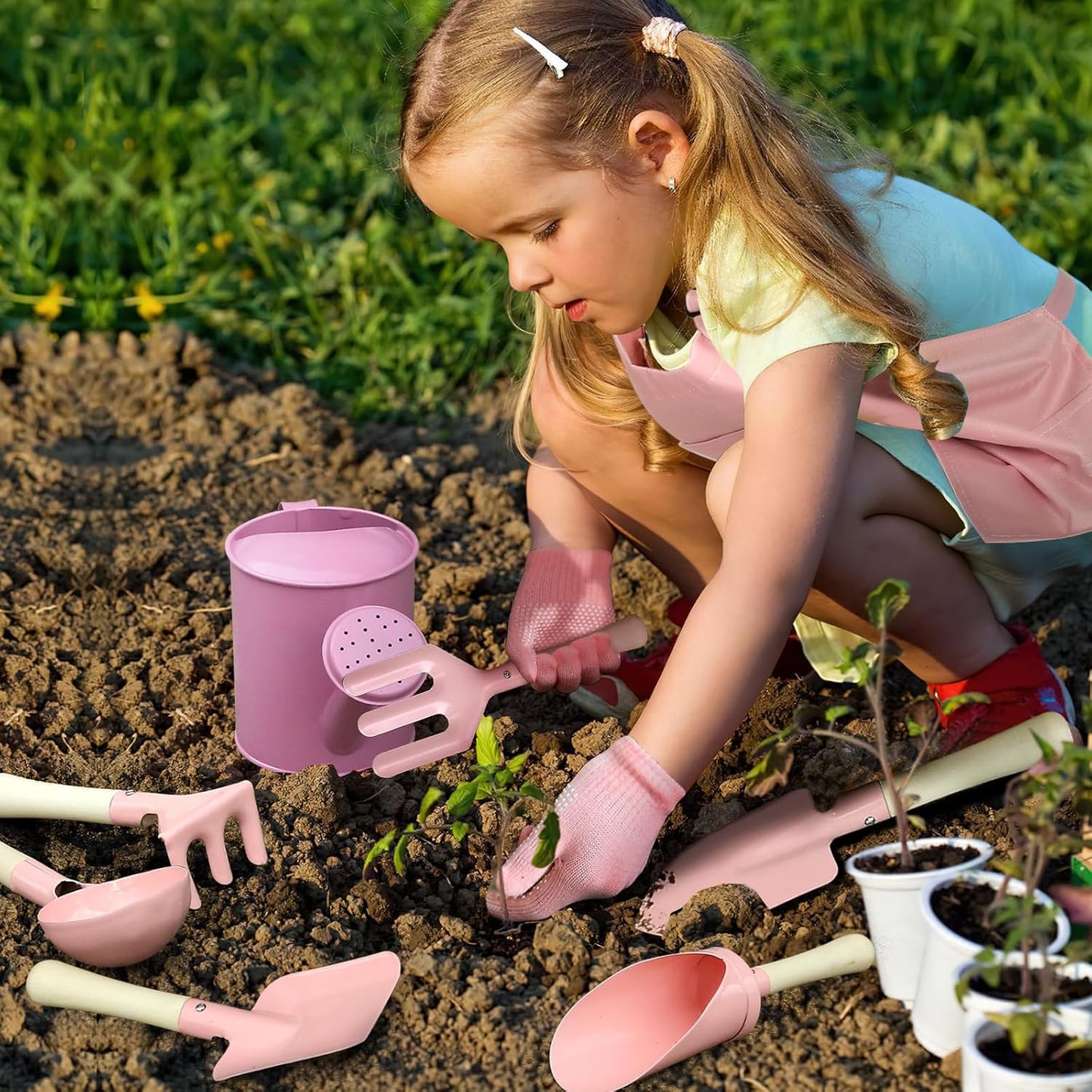 Kids Gardening Set 14Pcs Garden Tools with Tote Bag,Watering Can, Shov