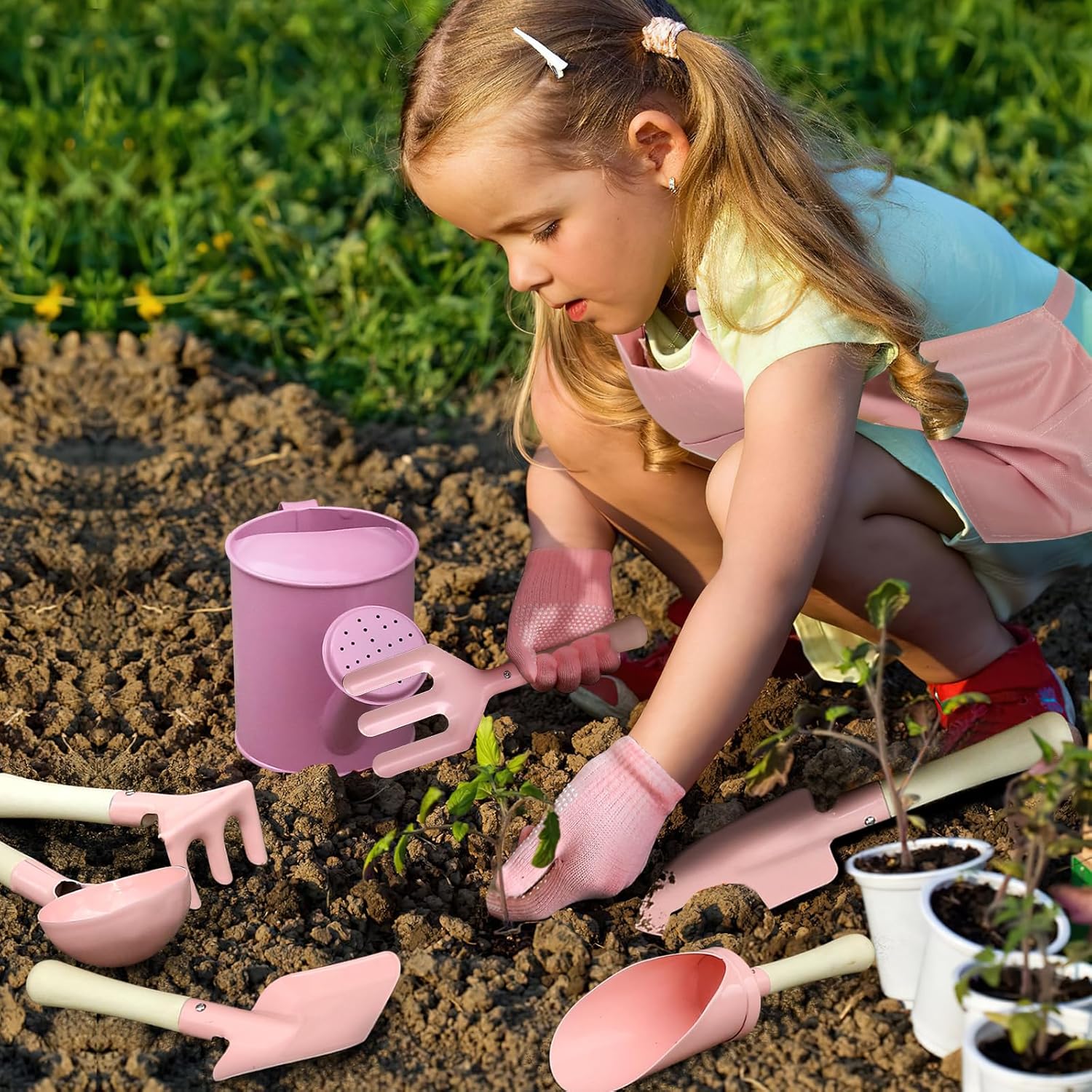 Kids Gardening Set 14Pcs Garden Tools with Tote Bag,Watering Can, Shov