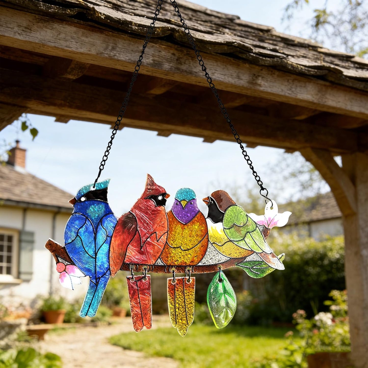 Stained Glass Window Hanging - Hummingbird on Branch Suncatcher Hand-Painted Double Side Stain Glass Cardinal Gifts Sun Catcher for Windows Doors Room Outdoor Home Decoration