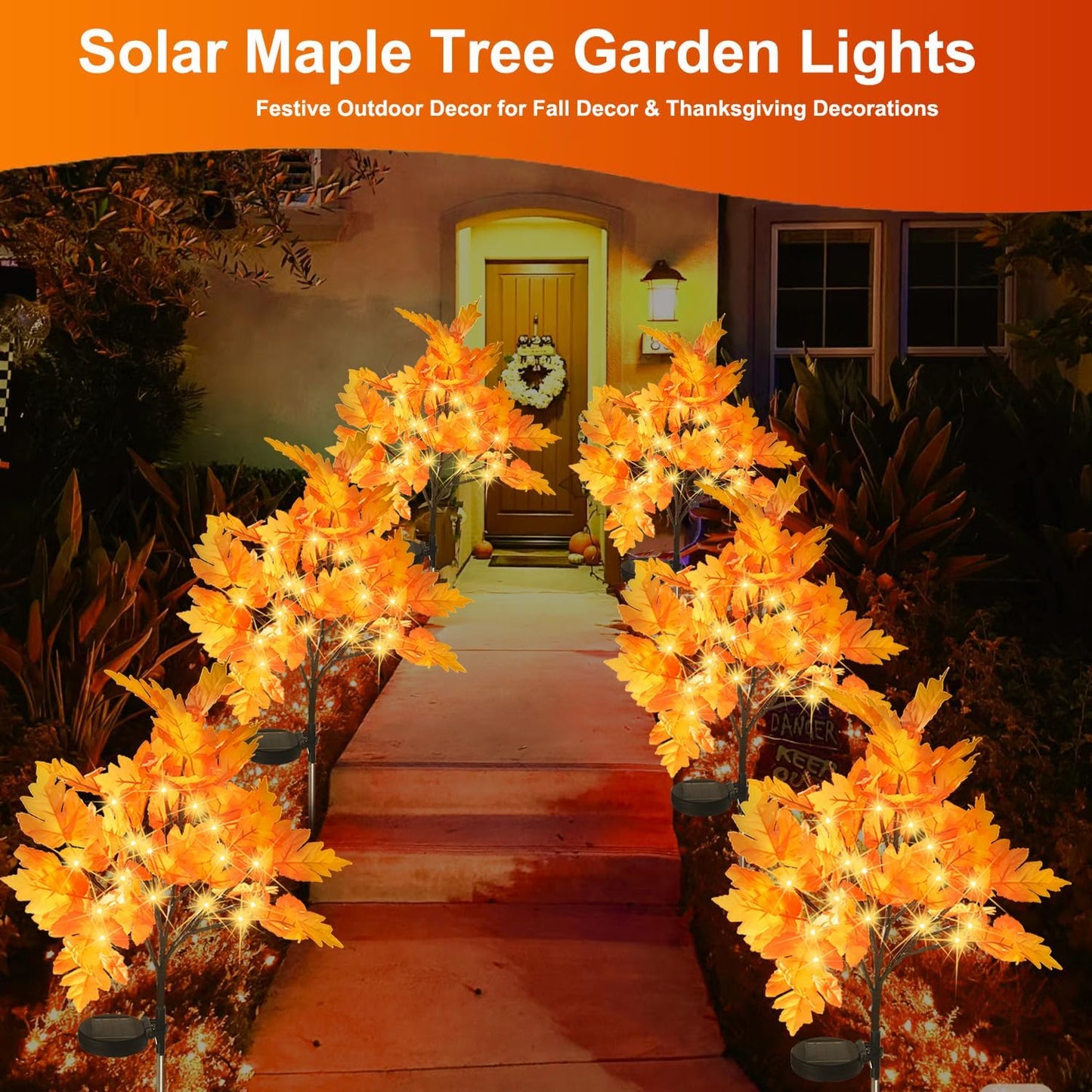2 Packs Solar Prelit Fall Tree Lights for Outdoor Thanksgiving Decorations, 2 Modes Thanksgiving Solar Lights, Waterproof Maple Tree Solar Fall Lights for Fall Yard Patio Garden