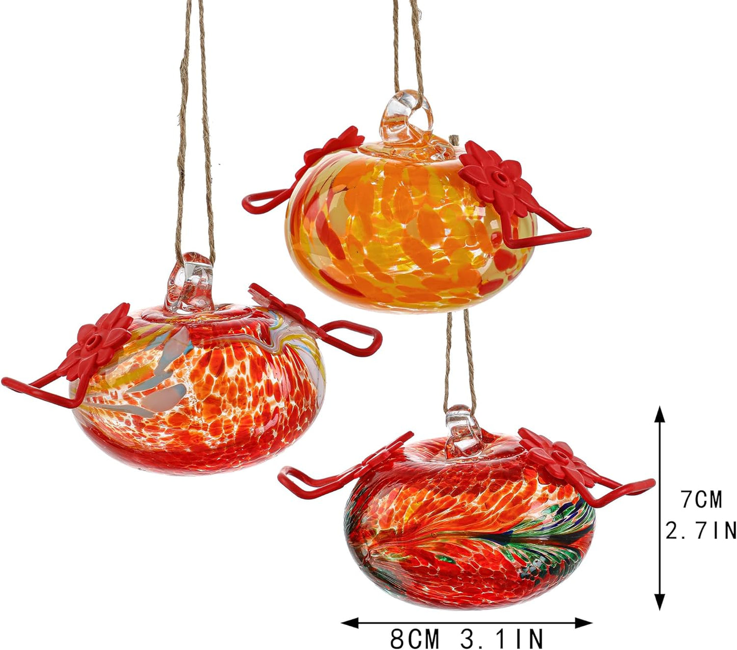 Set of 3 Blown Glass Hummingbird Feeder for Outdoors Hanging Ant and Bee Proof Hummingbirds Feeders Handmade Garden Decor Gift for Women