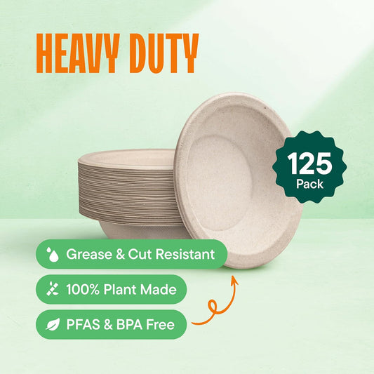 Paper Bowls, 100% Compostable Disposable Soup Bowl [125-Pack] - PFAS-F
