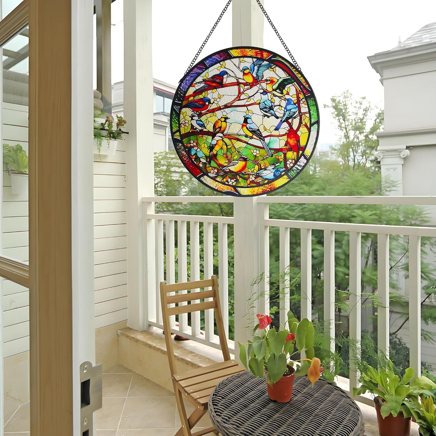 Birds Stained Glass Window Hanging, 9.8'' Birds on Branch Suncatcher for Windows Hanging Wall Art Home Garden Office Decor Christmas Birthday Gifts
