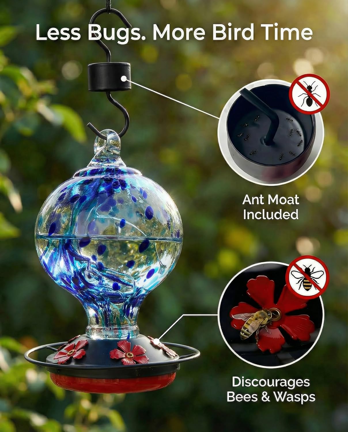 Hummingbird Feeder for Outdoors Hanging, 34 Oz, Handcrafted Gift Inner Glass Décor for Bird Garden Lover, Ant Moat & Bee-Resistant Ports, Hook & Brush Included, Ocean Blue