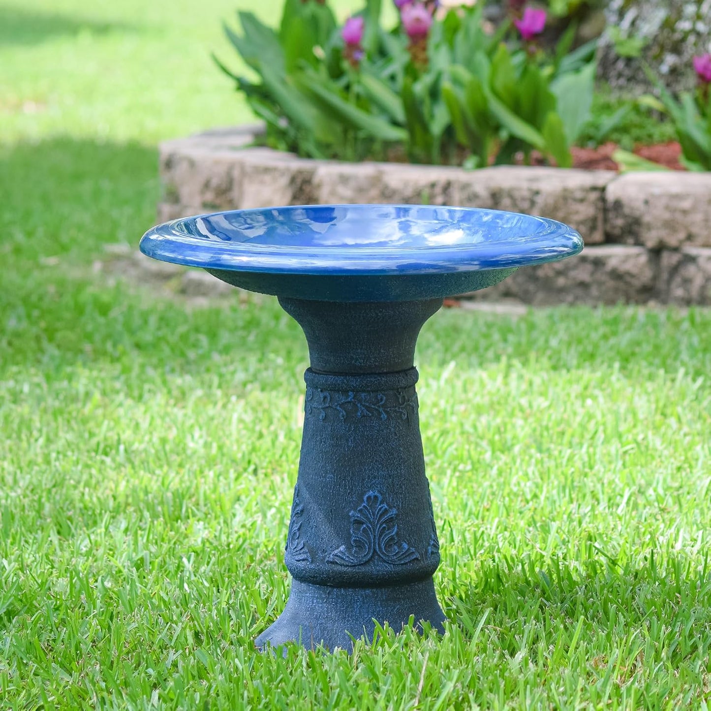 Arcadia Garden Products Fiberclay Bird Bath Outdoor Garden Decor, Antique Vintage Weather Resistant Water Bowl for Backyard and Patio and, 20-inch Tall, Blue