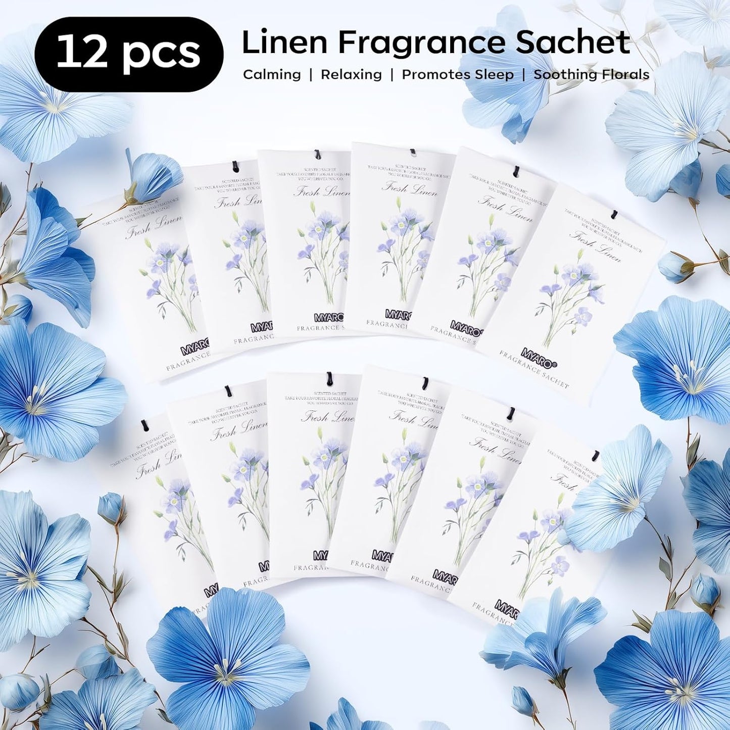 MYARO 12 Pack Fresh Linen Scented Sachets for Drawer, Closet & Car Air Freshener Bags | Odor Eliminator & Fabric Refresher | Crisp, Clean Home Fragrance Gift Set
