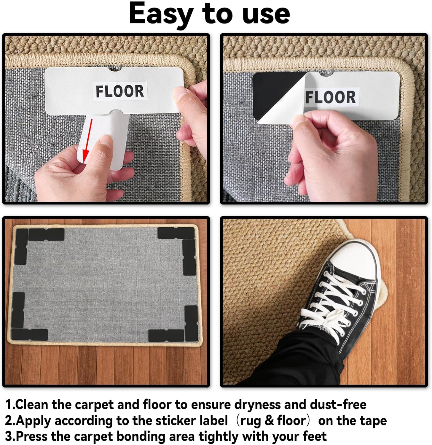 Rug Carpet Non Slip Grippers, Reusable Rug Tape Stickers Pads for Hard
