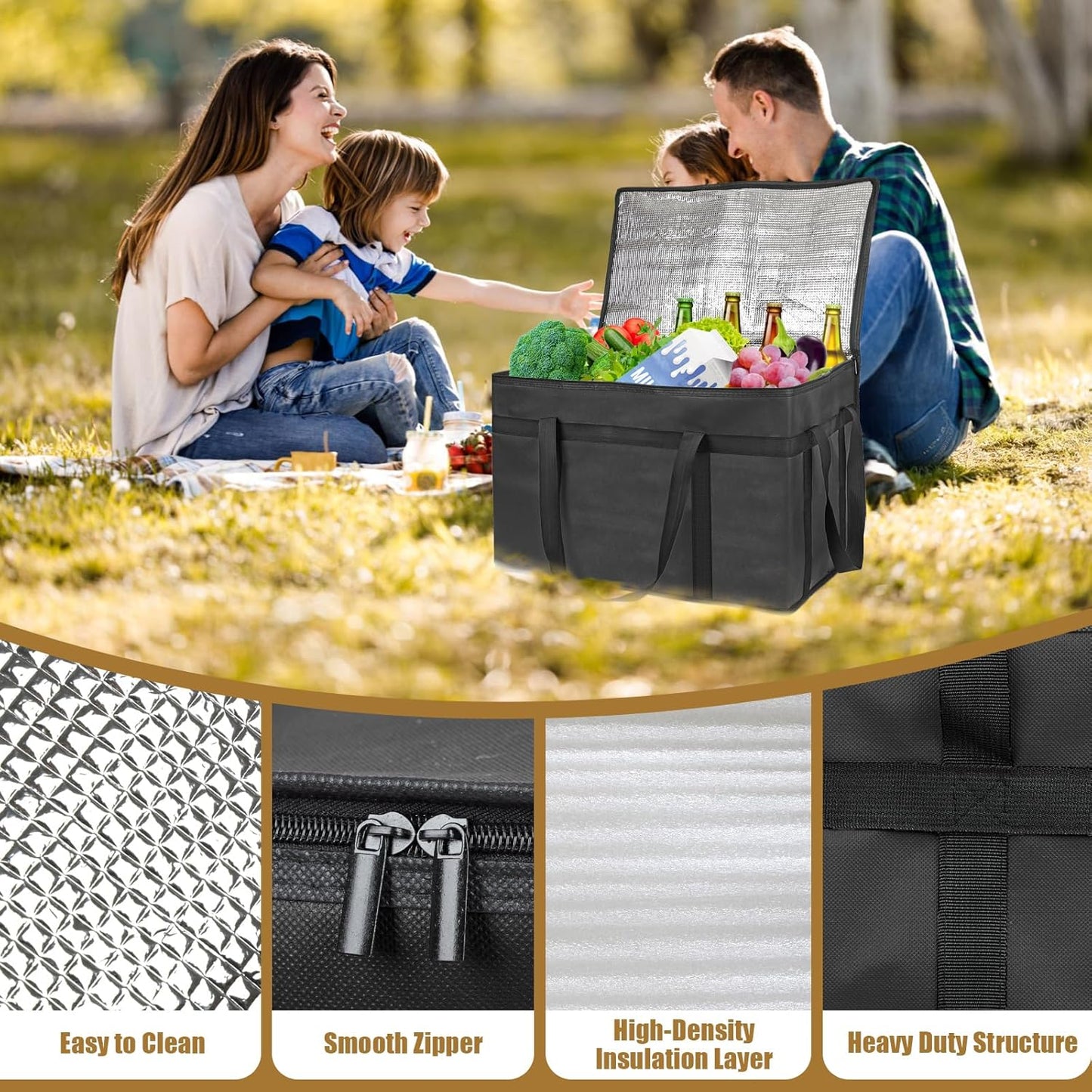 PEASUG Insulated Bags for Food Delivery, XXXL Pizza Delivery Bags, Large Capacity Cooler Bag Keep Food Warm for Grocery Shopping and Catering, Foldable, Heavy-Duty (Black)