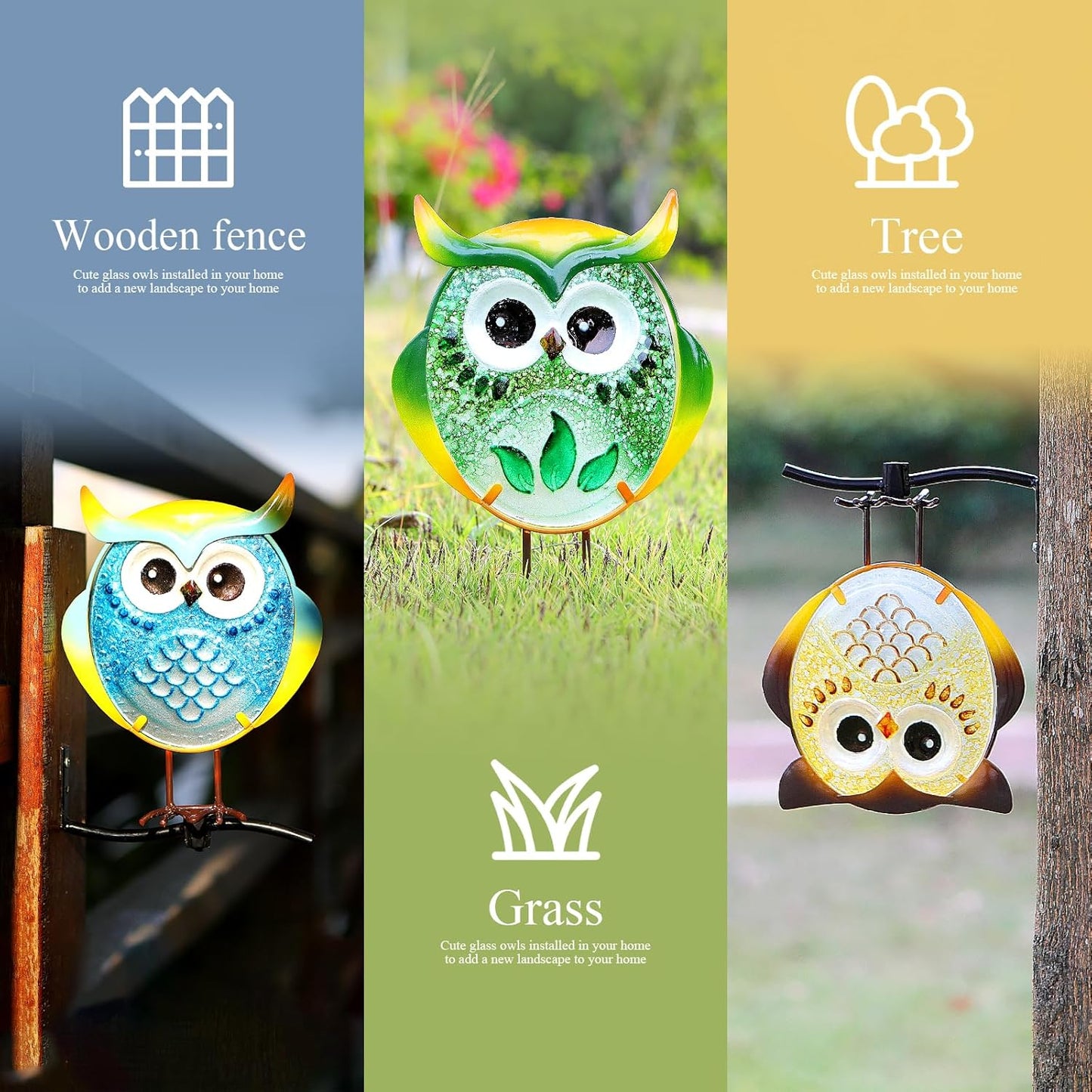 Owl Garden Decor for Outside, Stand & Tree Hugger Outdoor Owls Stakes Yard Art Set of 3, Funny Metal & Glass Stake Gifts for Grandma Mom Women