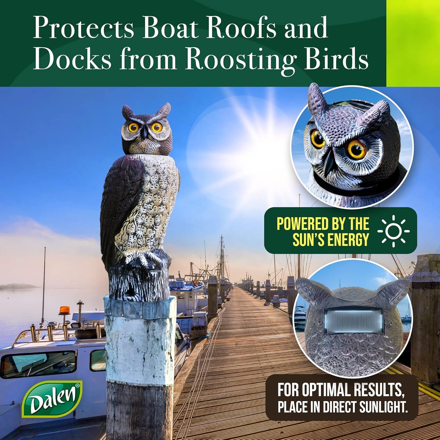 GARDENEER Dalen SOL-R Action Large Solar Fake Owl Decoy to Scare Birds Away - 18" Tall - 360º Rotating Head