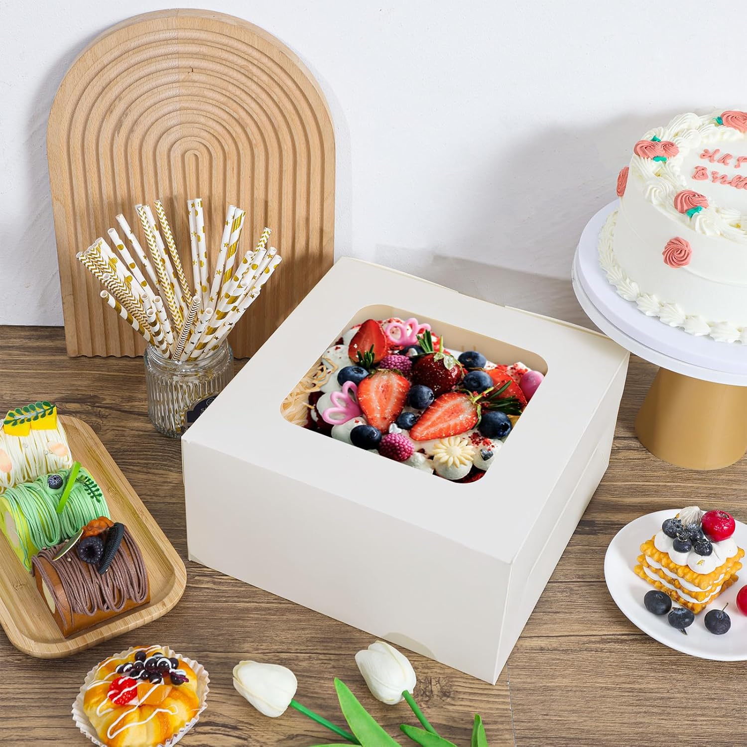 Moretoes 24pcs Cake Boxes, 10x10x5 Inches White Square Bakery Boxes wi