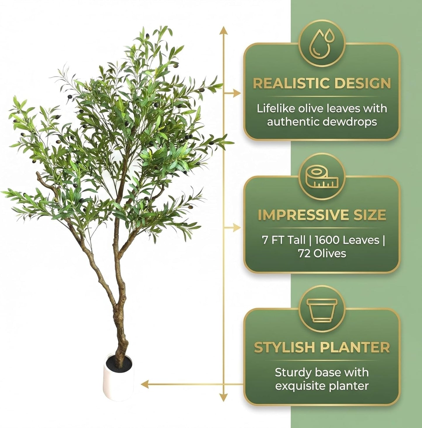 Artificial Olive Tree 7ft with Realistic Leaves, Dewdrops and Olives, Full and Grand Design Faux Tree with Sturdy Base for Indoor Outdoor Office Decor (Without Dewdrops)