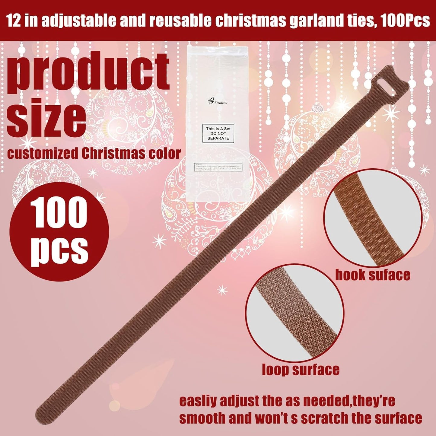 100 Pcs Christmas Garland Ties 12 Inch Brown Adjustable Holiday Garland Ties Reusable Nylon Garden Plant Cable Strap for Wreath Making Xmas Tree Banister Stairway Door Decoration