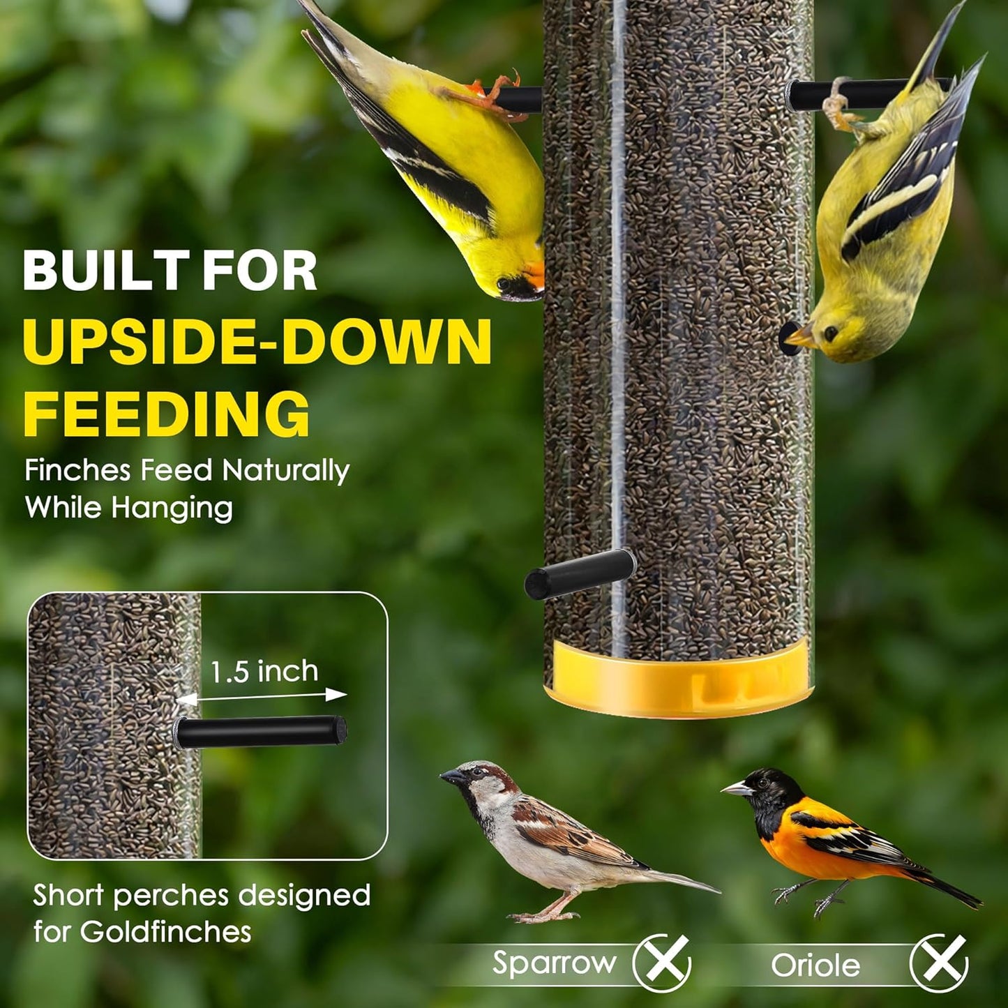 Thistle Feeder for Goldfinches with Upside Feeding Design, Hanging Finch Feeder for Outside, 15.9-Inch Tube Bird Feeders with 6 Small Ports & 3 Perches, Easy to Refill and Clean, Yellow