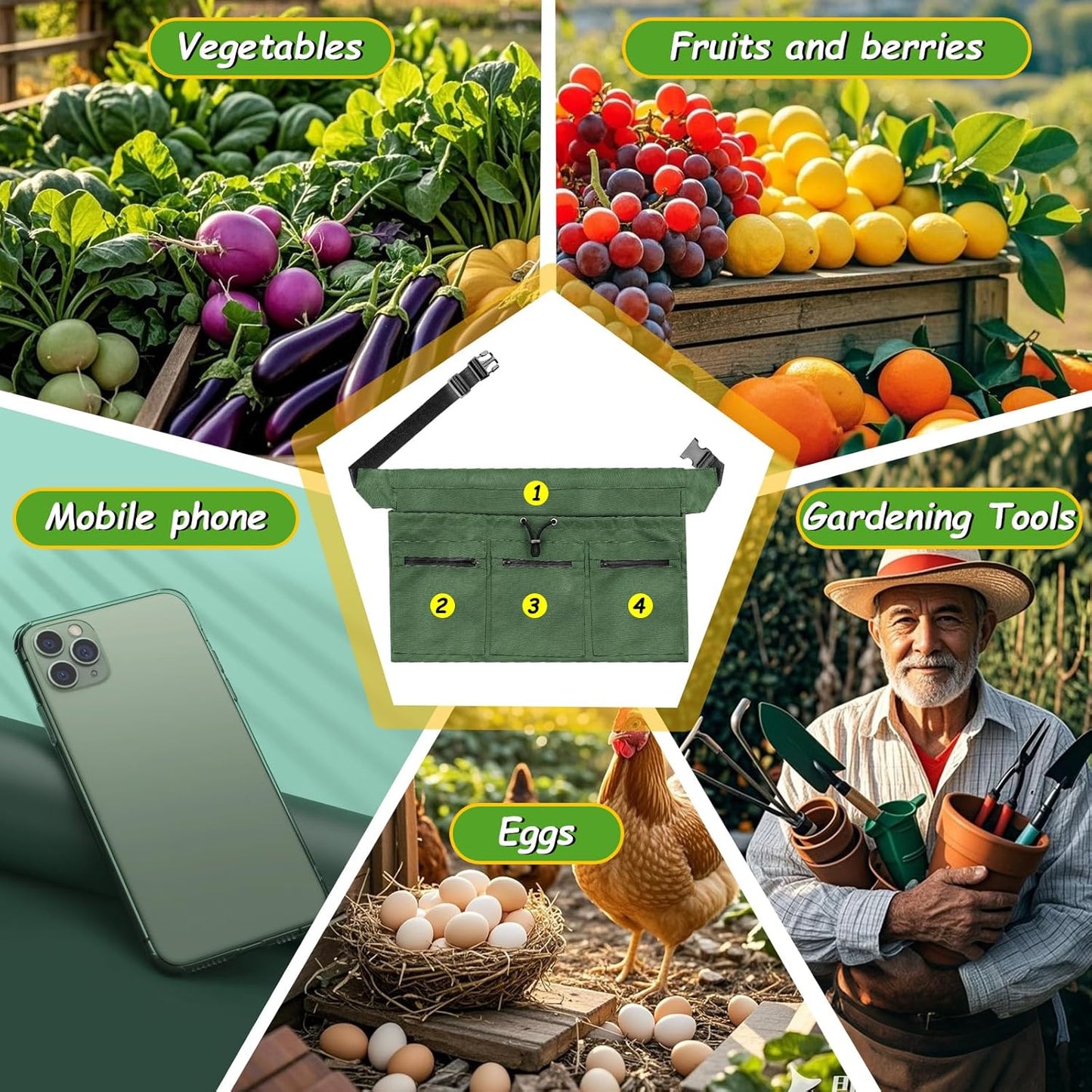 Gardening Apron, 4 Pockets for Harvesting Vegetables Eggs Half Garden Apron Unique Gift Garden Tools Organizer