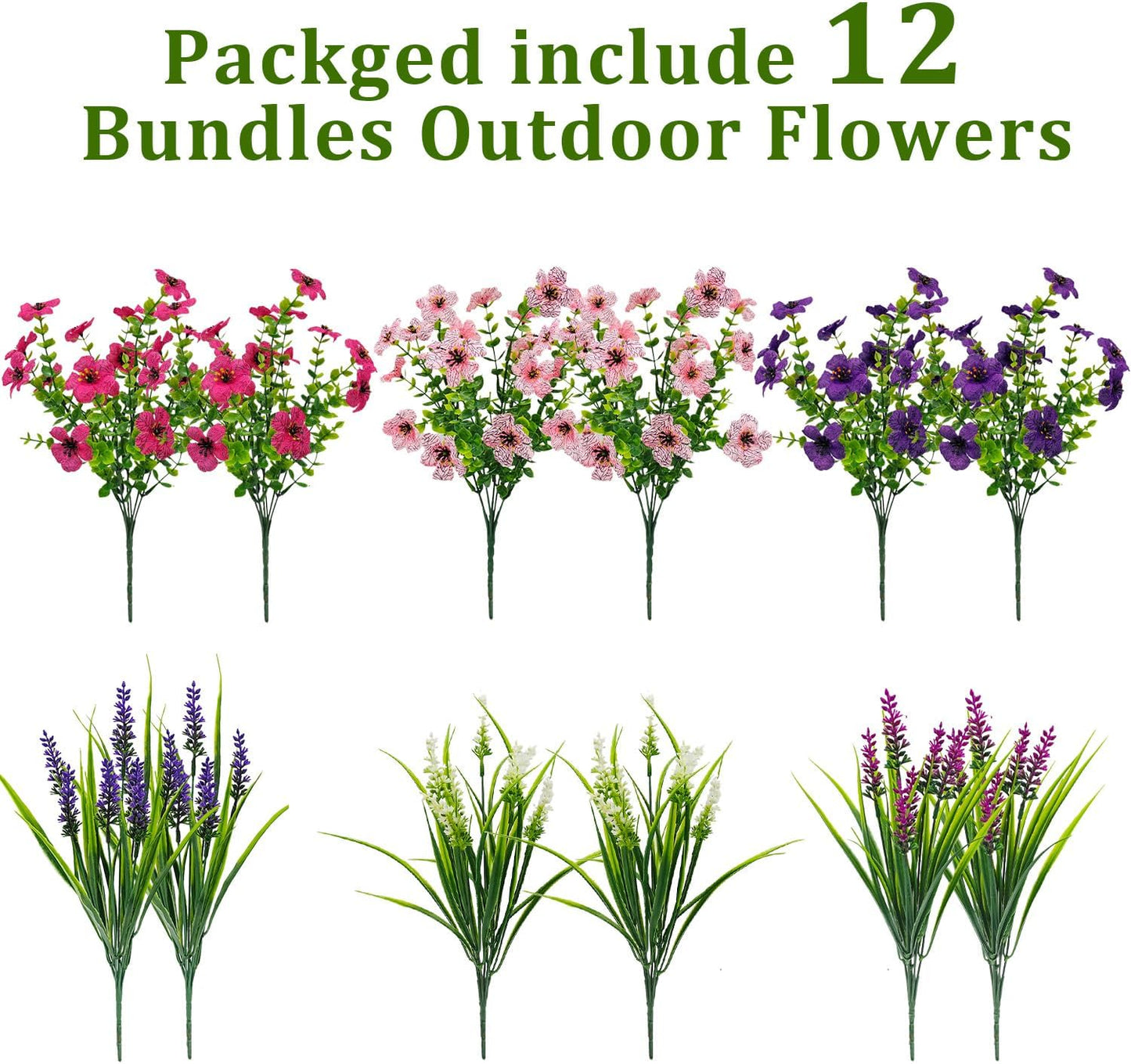 12 Bundles Artificial Flowers Outdoor Silk Fake Plants UV Resistant Faux Plastic Greenery Shrubs for Home Outside Garden Front Porch Window Box Pot Planters Decor (Mix Color)