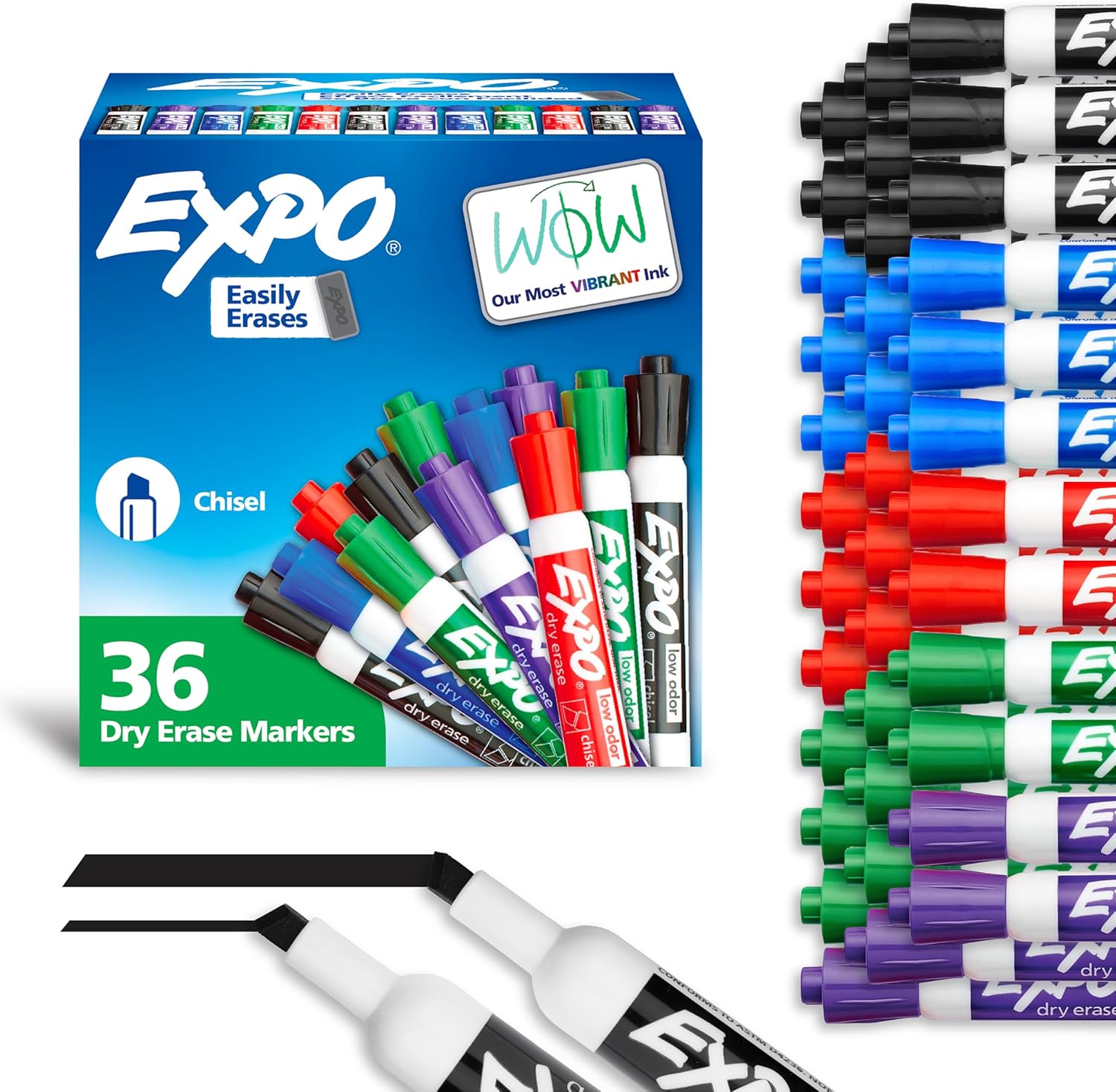 EXPO Dry Erase Markers, Low Odor Ink, Assorted Colors, Chisel Tip, 36 