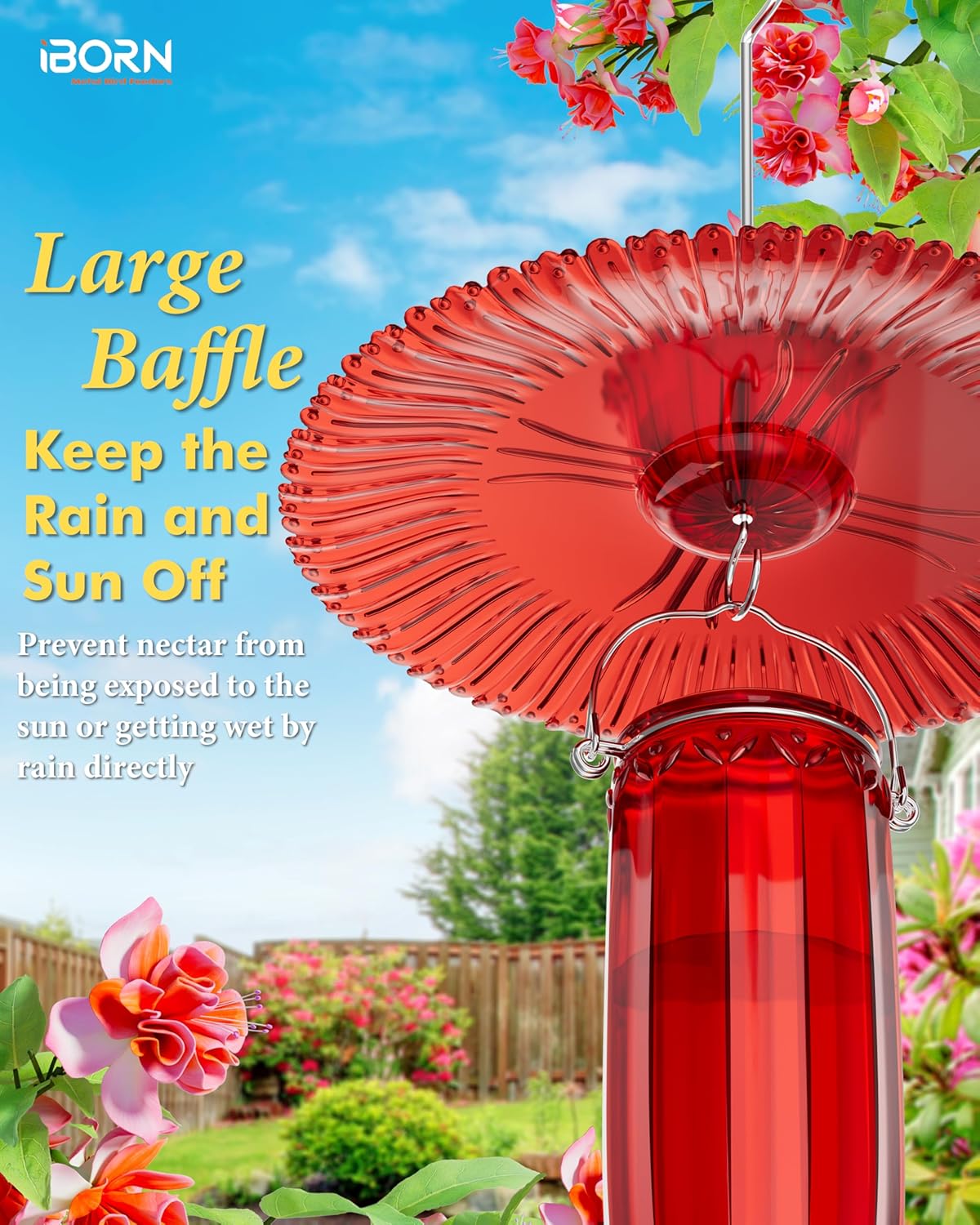 iBorn Hummingbird Feeders for Outdoors Hanging w/Sun Baffle,Ant Proof Moat for Hummingbird Feeder Glass, 8 Ports 16oz Humming Bird Nectar,Red Glass, Red Base,Pack of 1,2025 New
