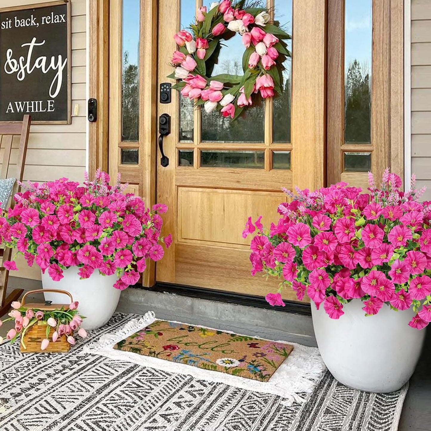 Artificial Fake Plants Flowers for Outdoor ,12 Bundles Faux Morning Glory Lavender UV Resistant Look Real Silk Flowers for Planter Pot Home Front Door Porch Patio Yard Spring Summer Decoration,Pink